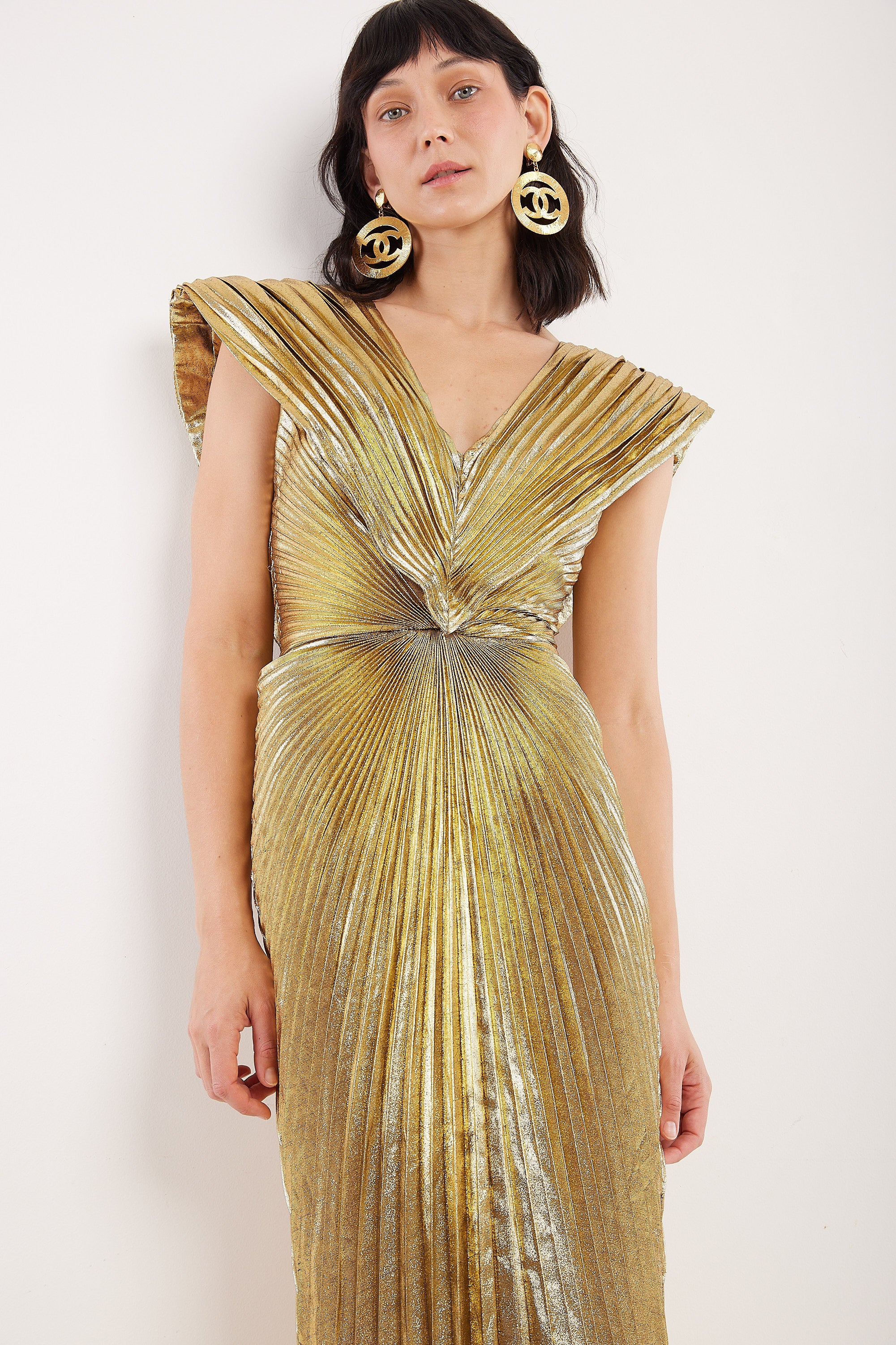 Loris Azzaro <br> c1988 gold lamé sunray pleated gown