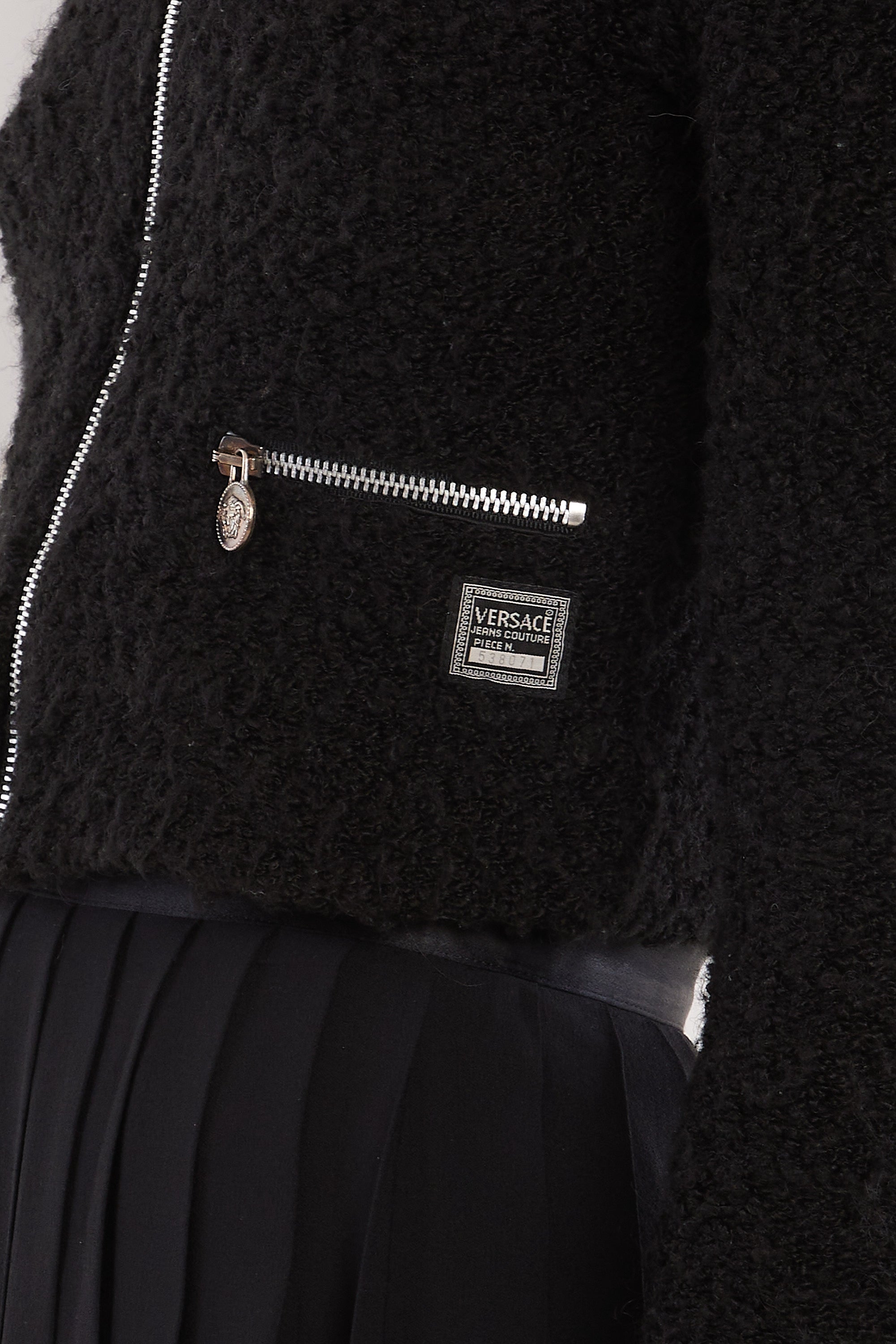 Versace <br> 90's Jeans Couture bouclé jacket with silver Medusa zippers