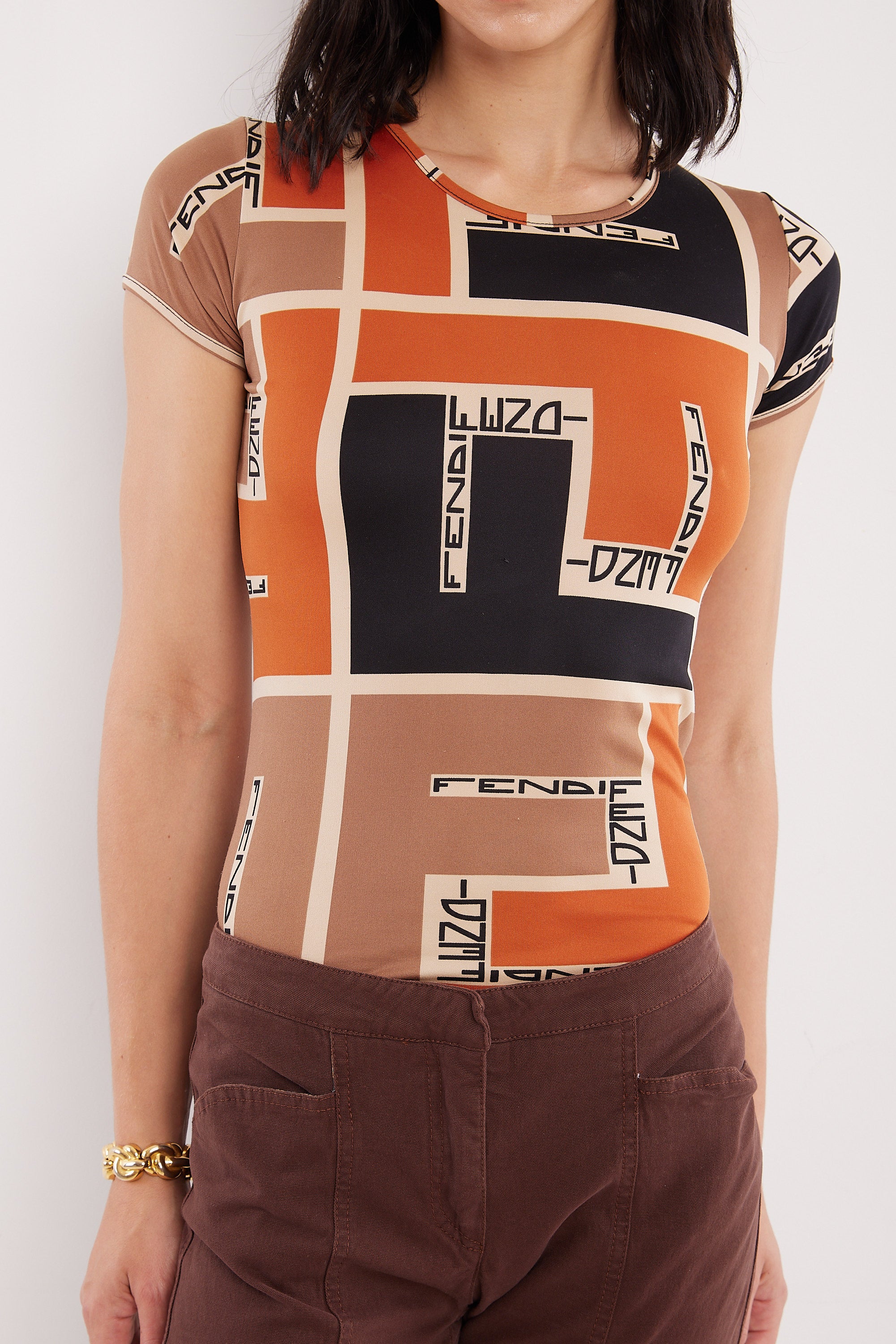 Fendi <br> 90's F logo puzzle print stretch t-shirt