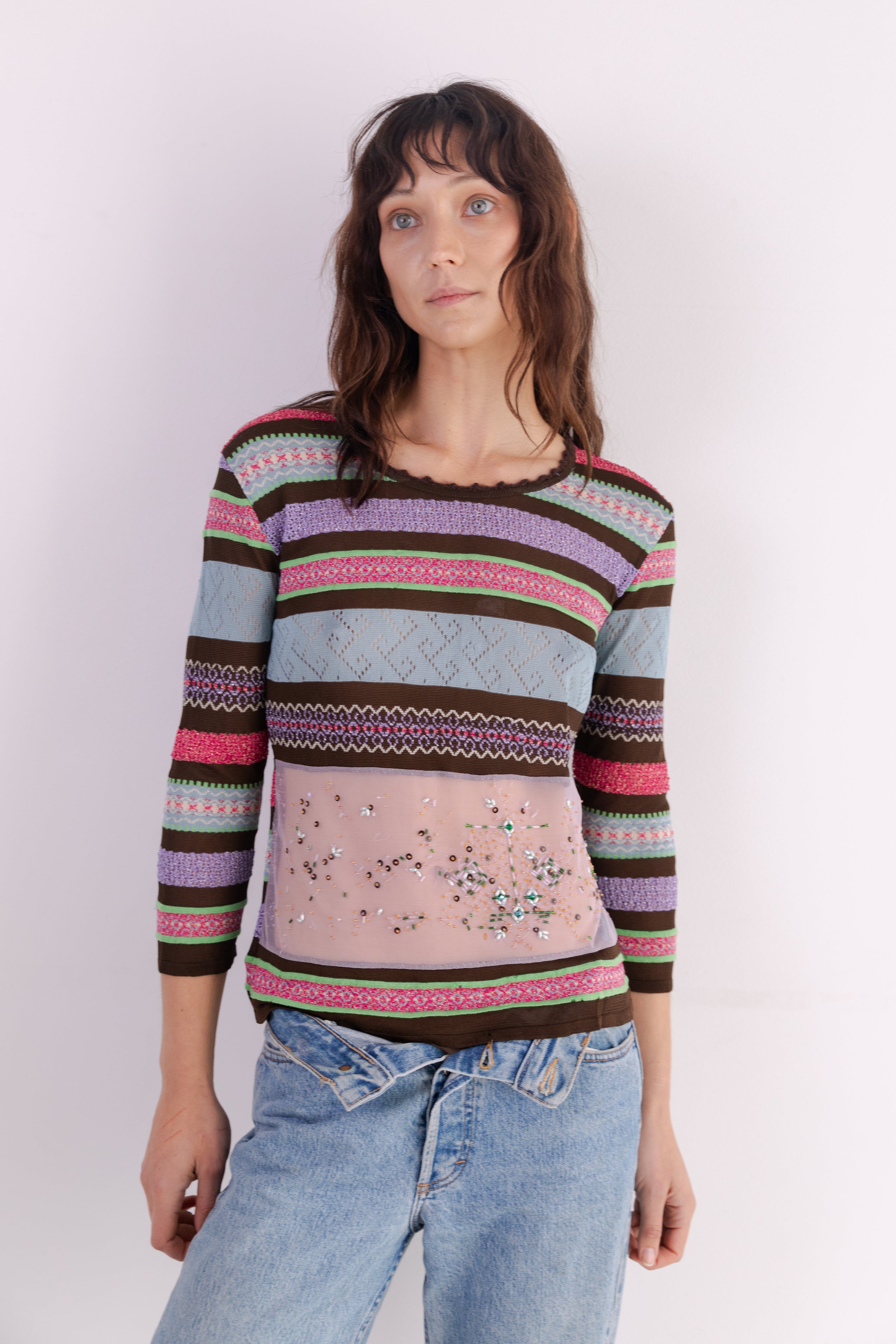Christian Lacroix <br> Y2K Bazar patterned knit sheer tummy sweater