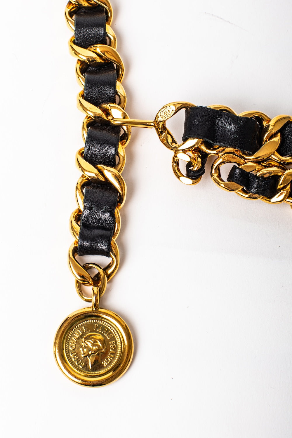 Chanel <br> F/W 1991 extra chunky triple chain woven leather belt with CC logo medallion pendant