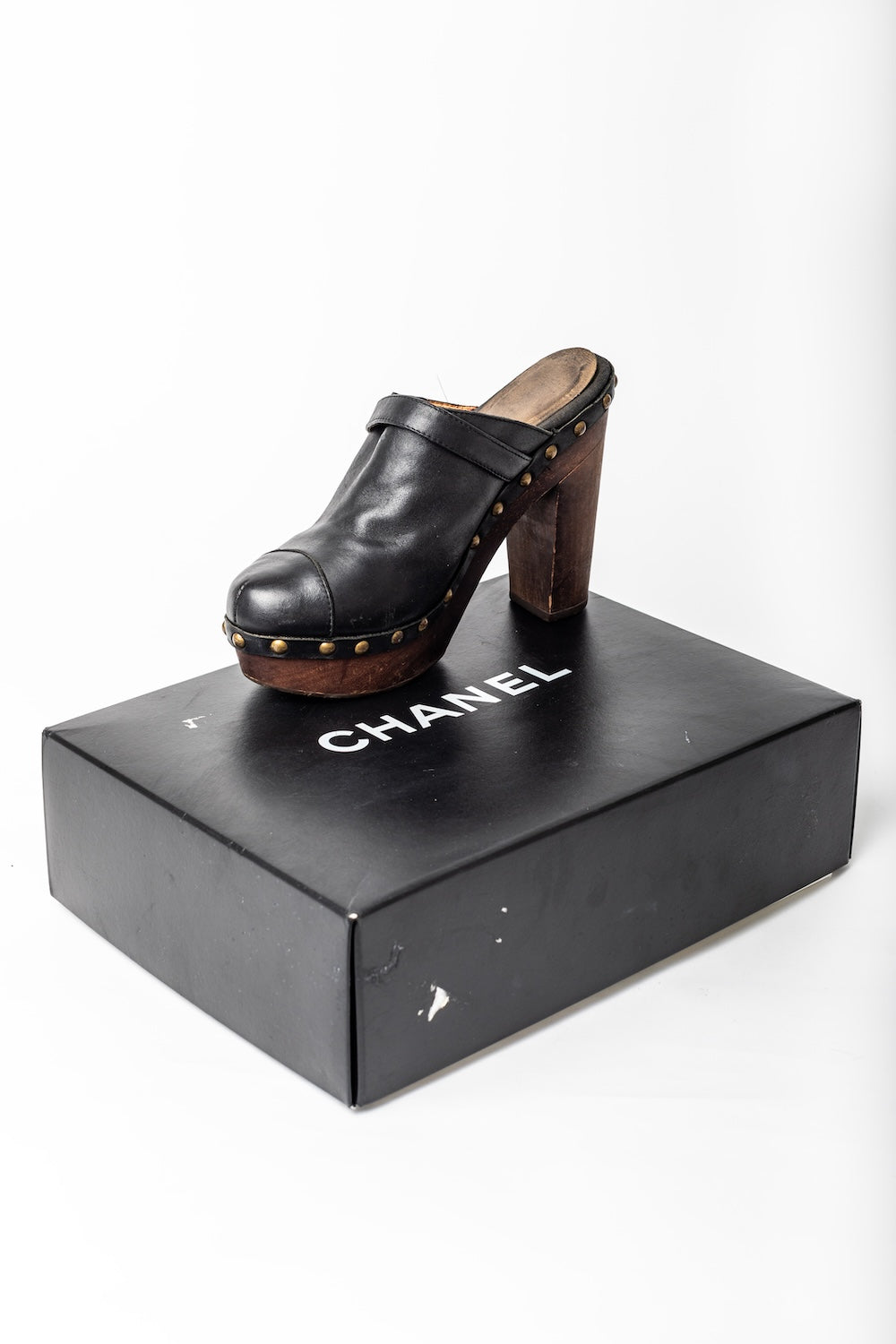 Chanel <br> S/S 2010 runway CC logo studded leather platform clogs