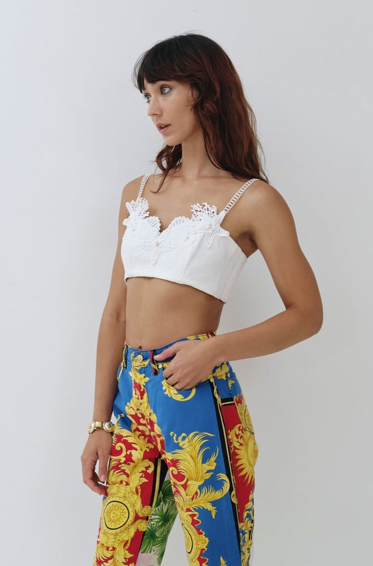 Anthea Crawford <br> 80's under the sea pearl strap bustier