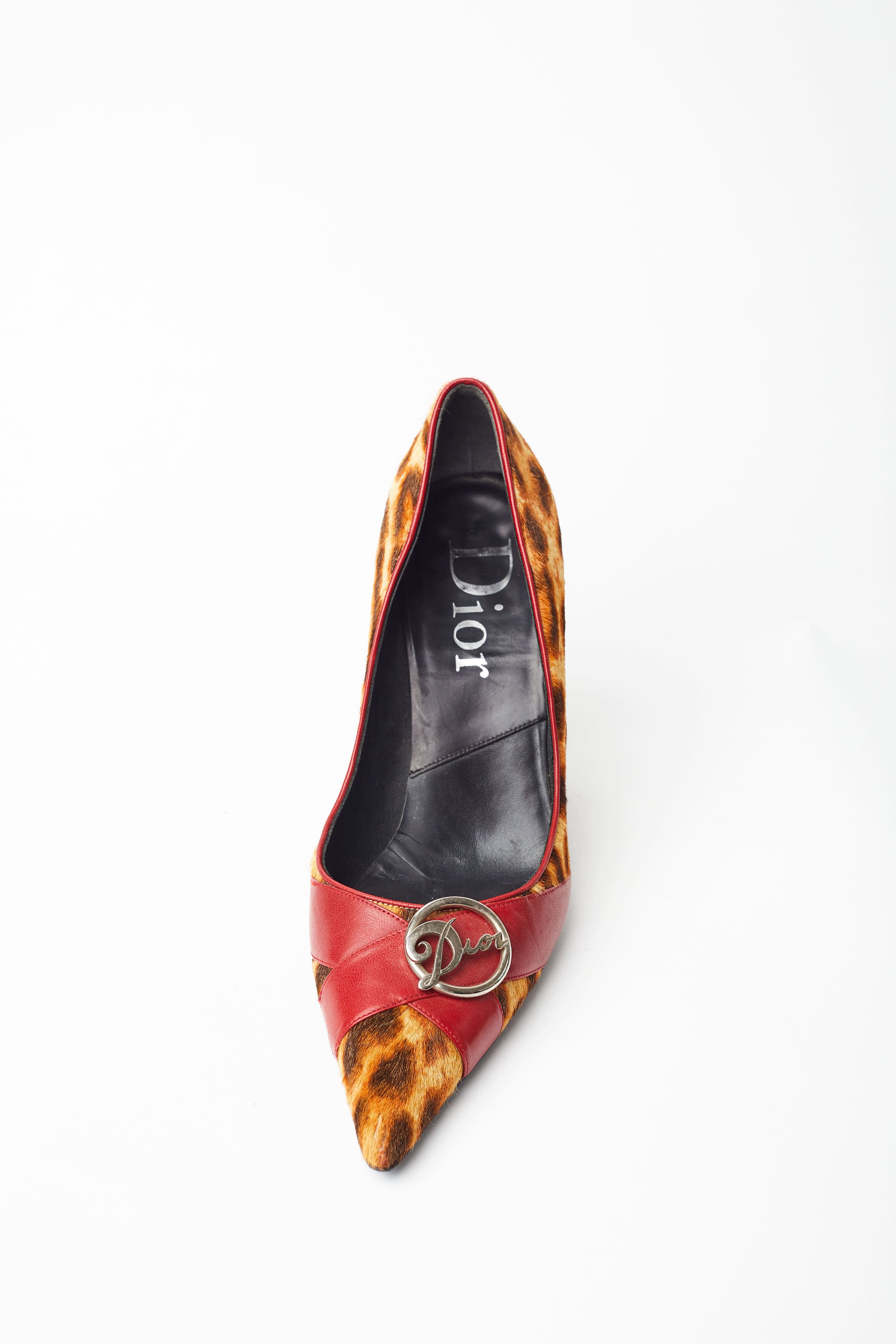 Christian Dior <br> F/W 2004 ponyhair leopard print logo pumps