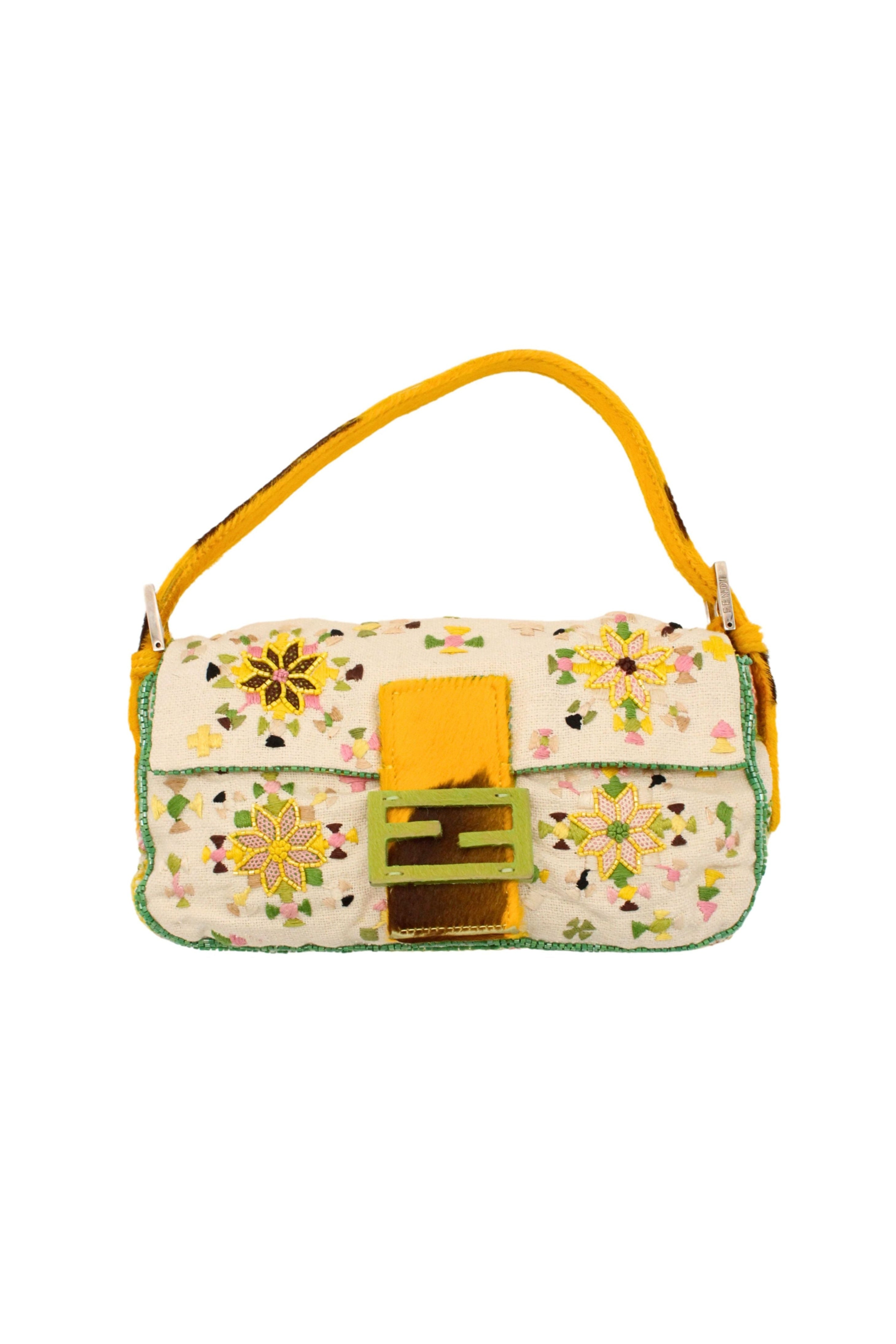 Fendi <br> 90's floral embroidered & beaded pony hair trim baguette bag