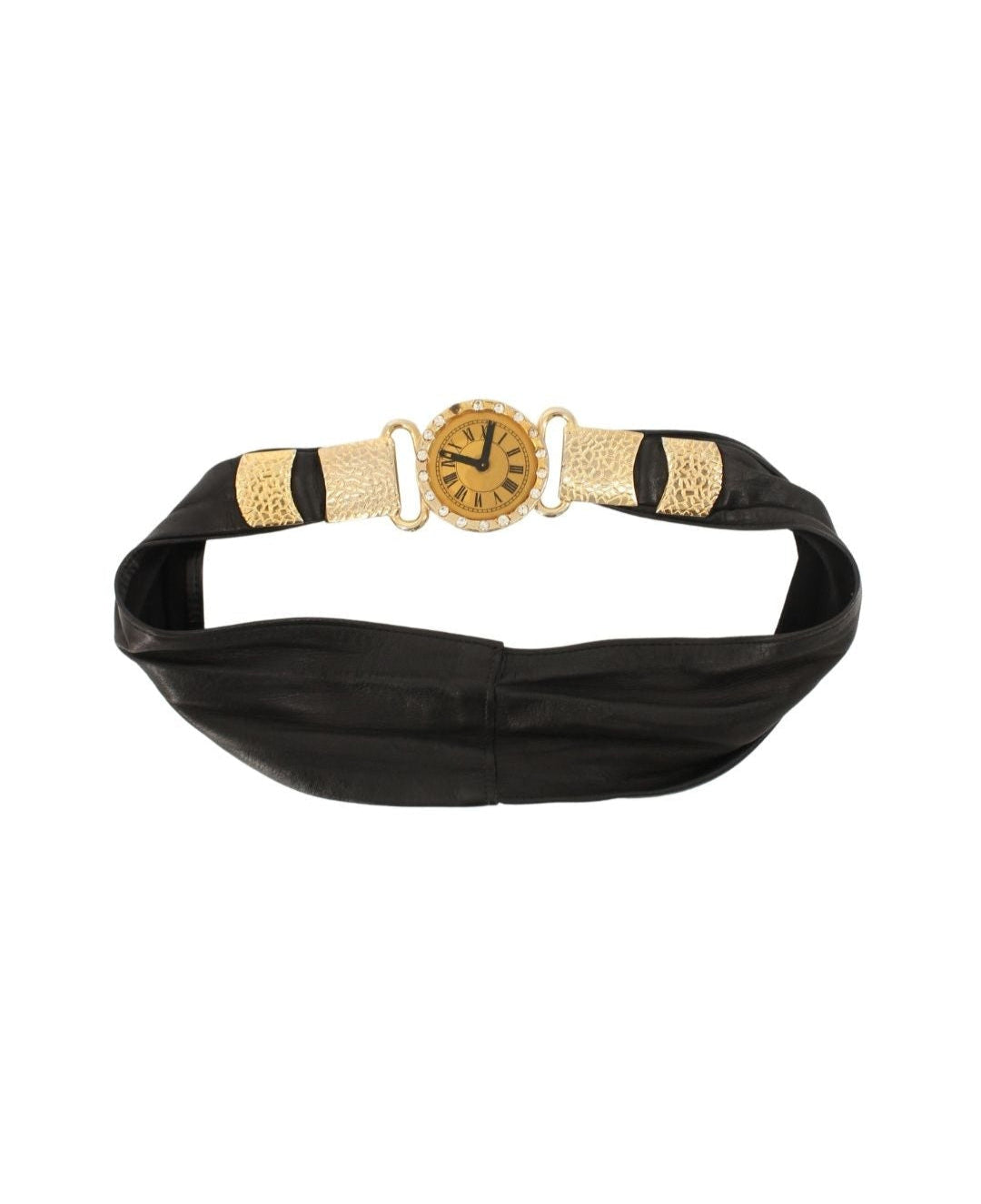 Vintage <br> 80's crystal studded clock buckle leather sash belt