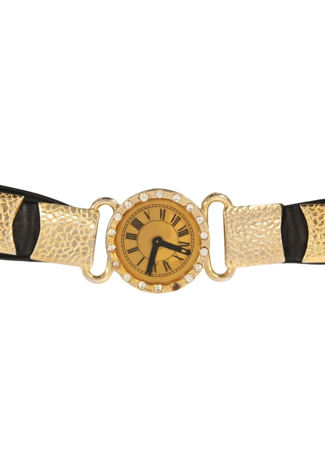 Vintage <br> 80's crystal studded clock buckle leather sash belt