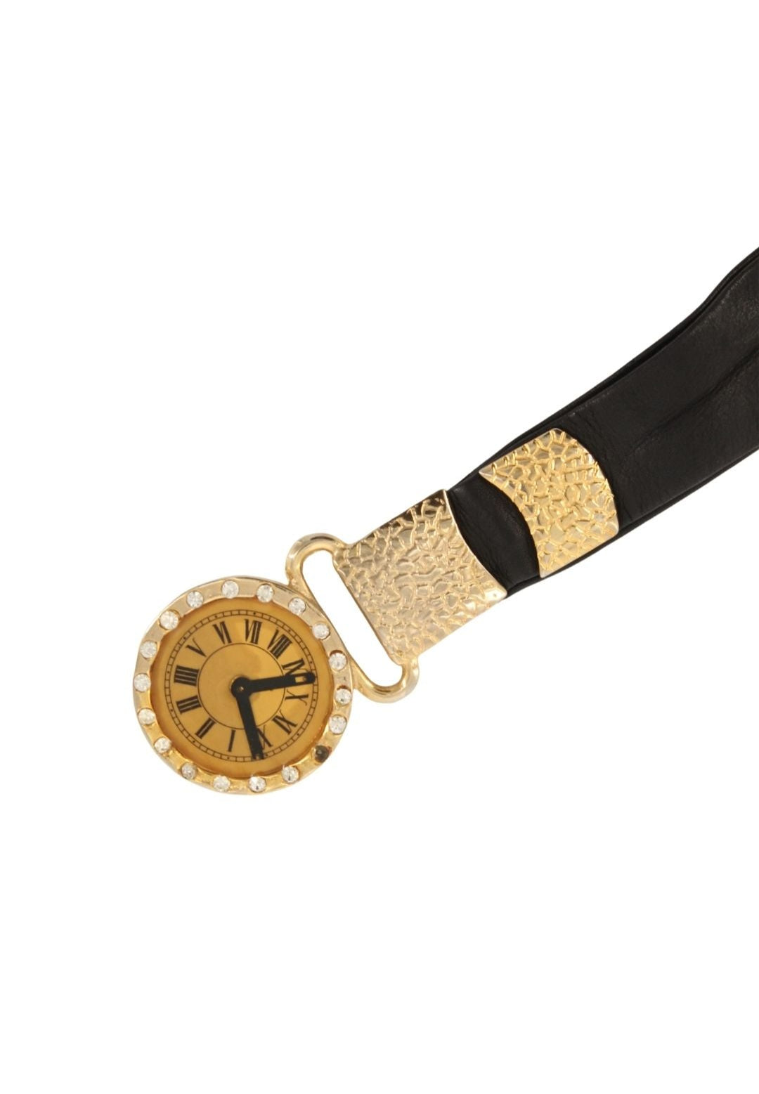 Vintage <br> 80's crystal studded clock buckle leather sash belt