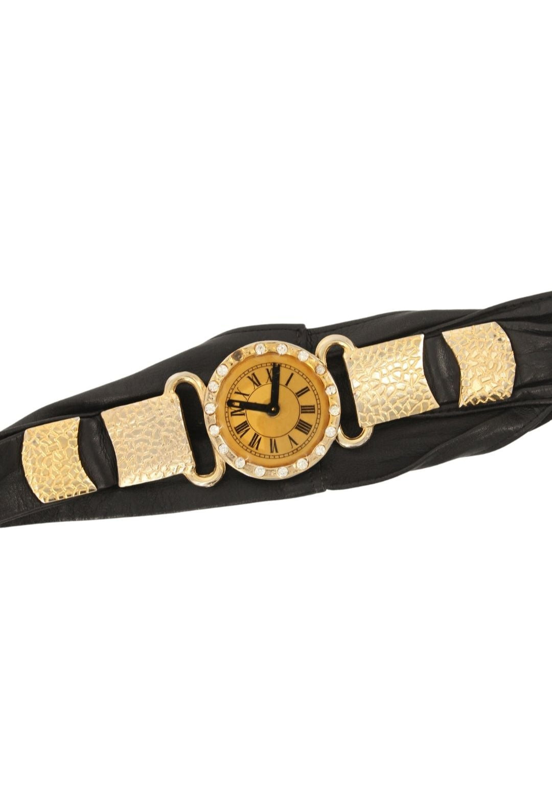 Vintage <br> 80's crystal studded clock buckle leather sash belt