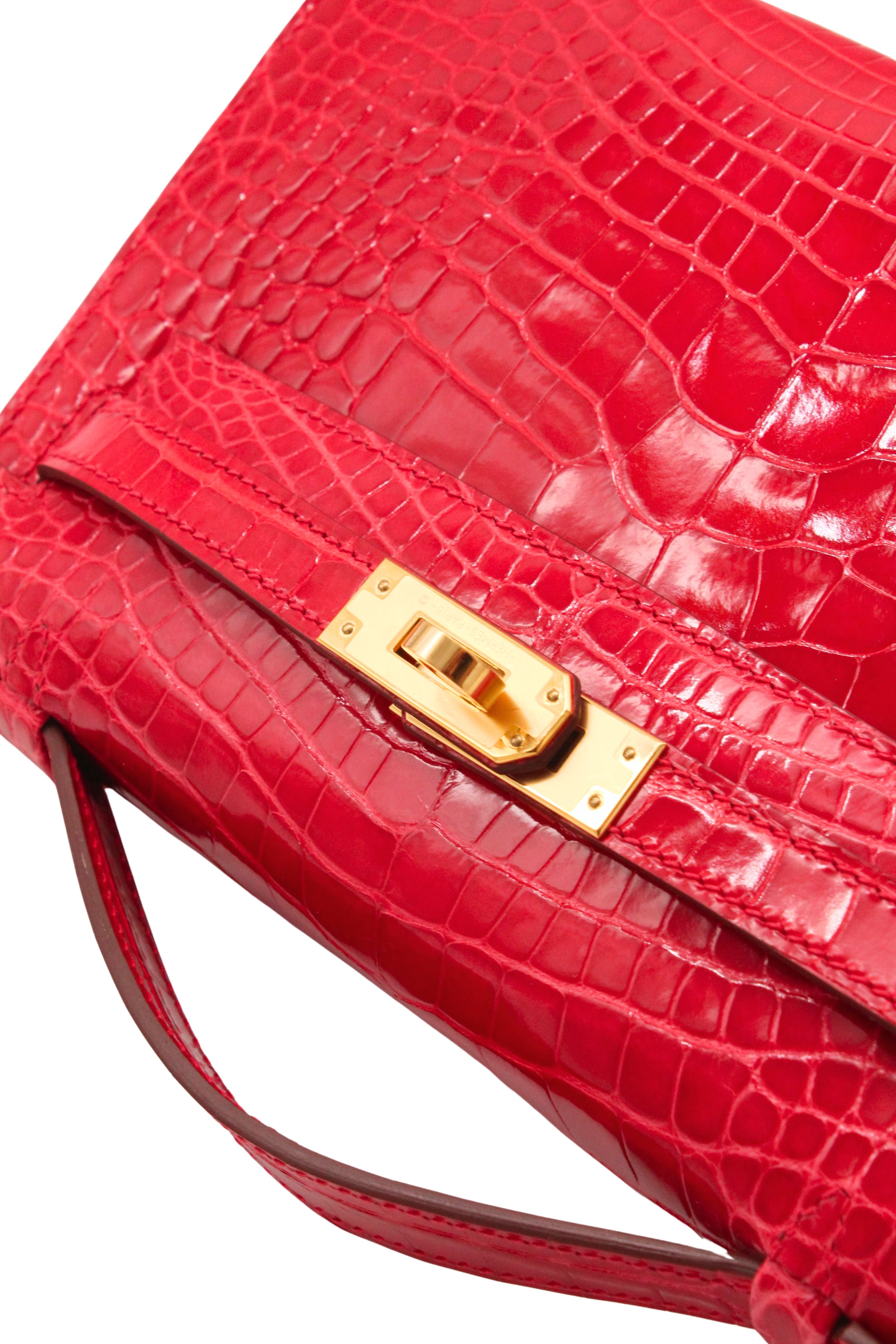 Hermès Paris <br> 2017 Kelly Pochette in Braise Alligator with gold hardware & full set
