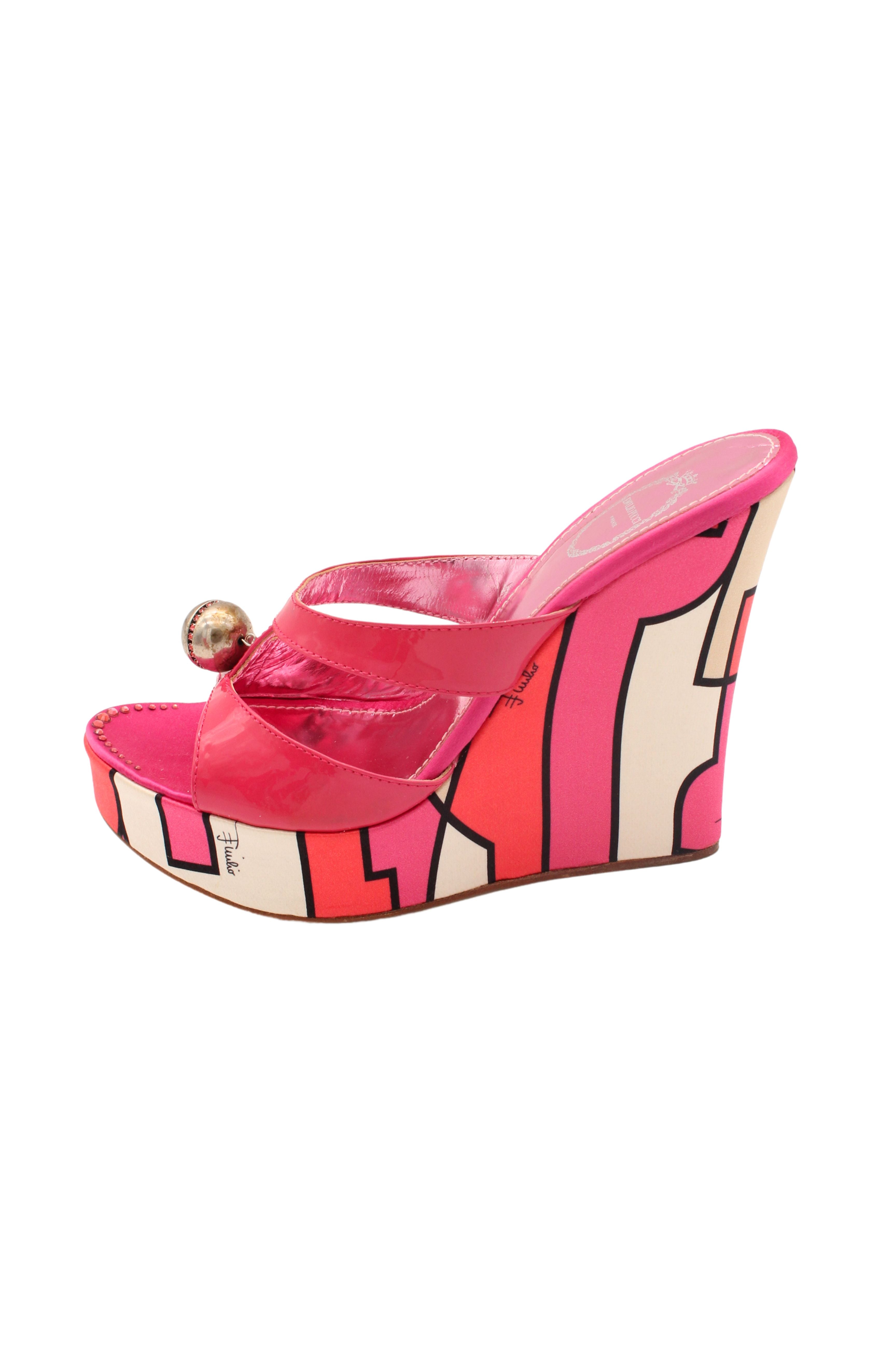 Emilio Pucci <br> 2000's printed satin & patent wedges with crystal details