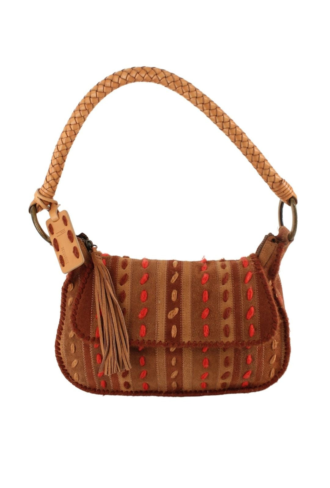 Missoni <br> 2000's embroidered suede bag with braided leather strap