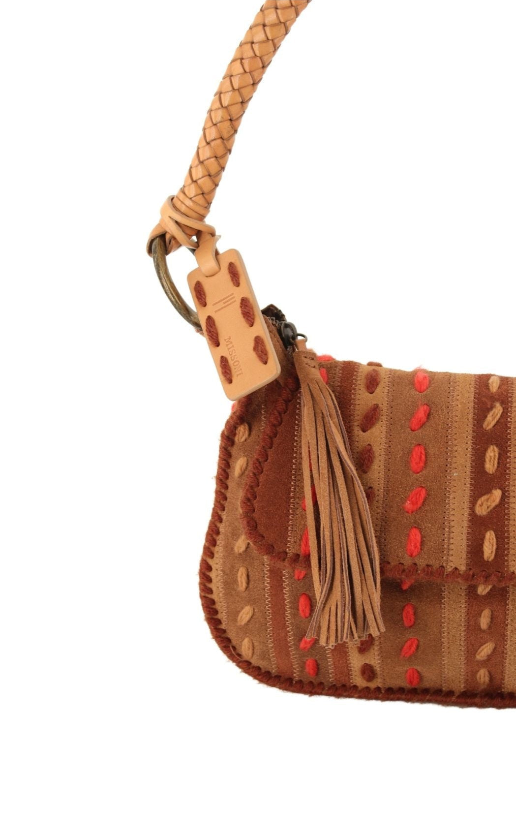 Missoni <br> 2000's embroidered suede bag with braided leather strap