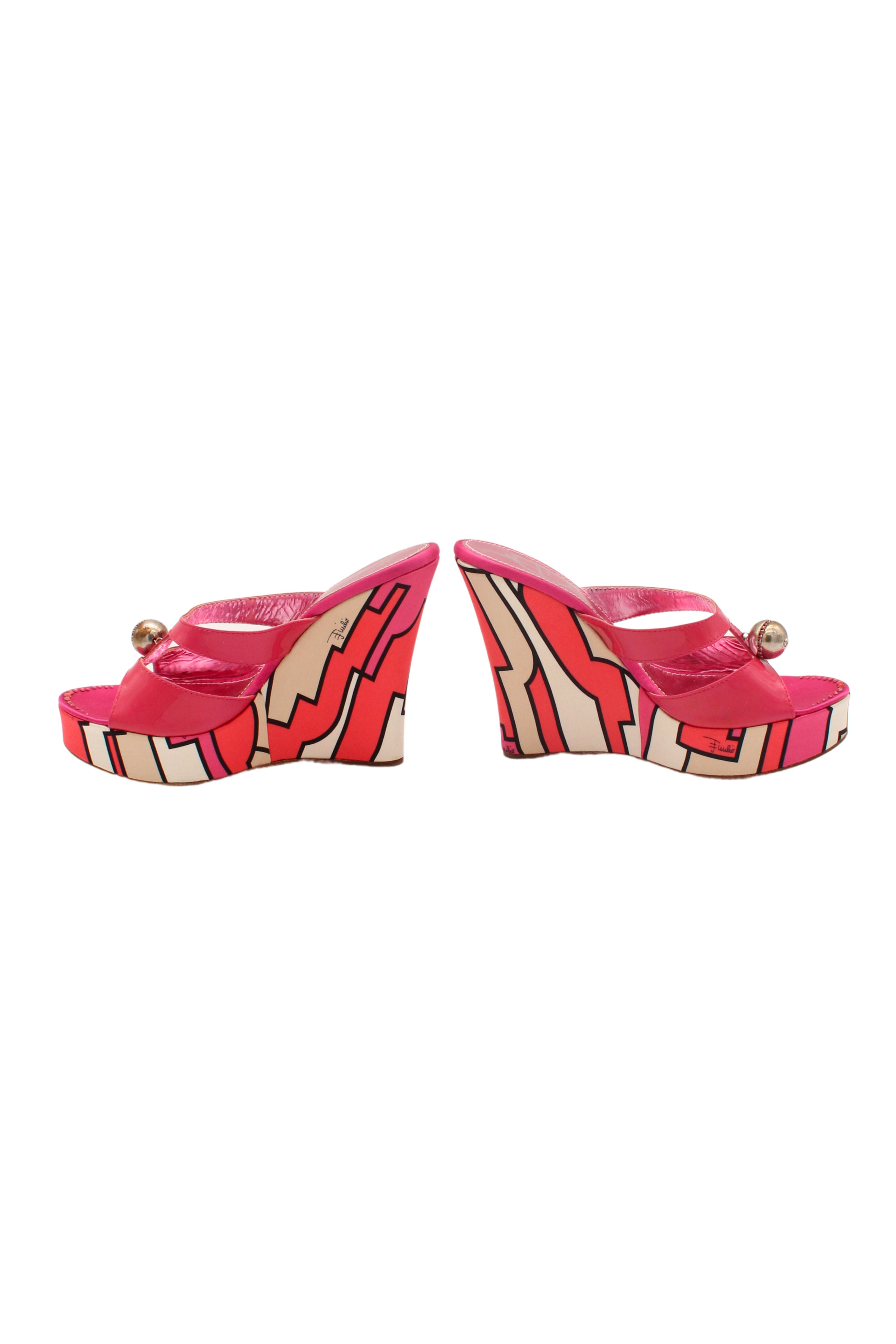 Emilio Pucci <br> 2000's printed satin & patent wedges with crystal details