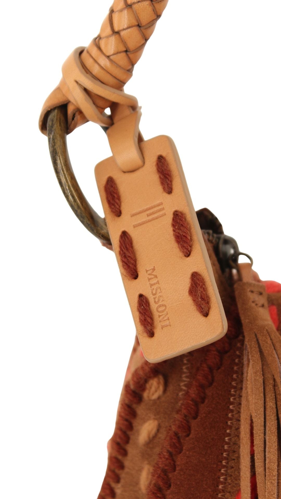 Missoni <br> 2000's embroidered suede bag with braided leather strap