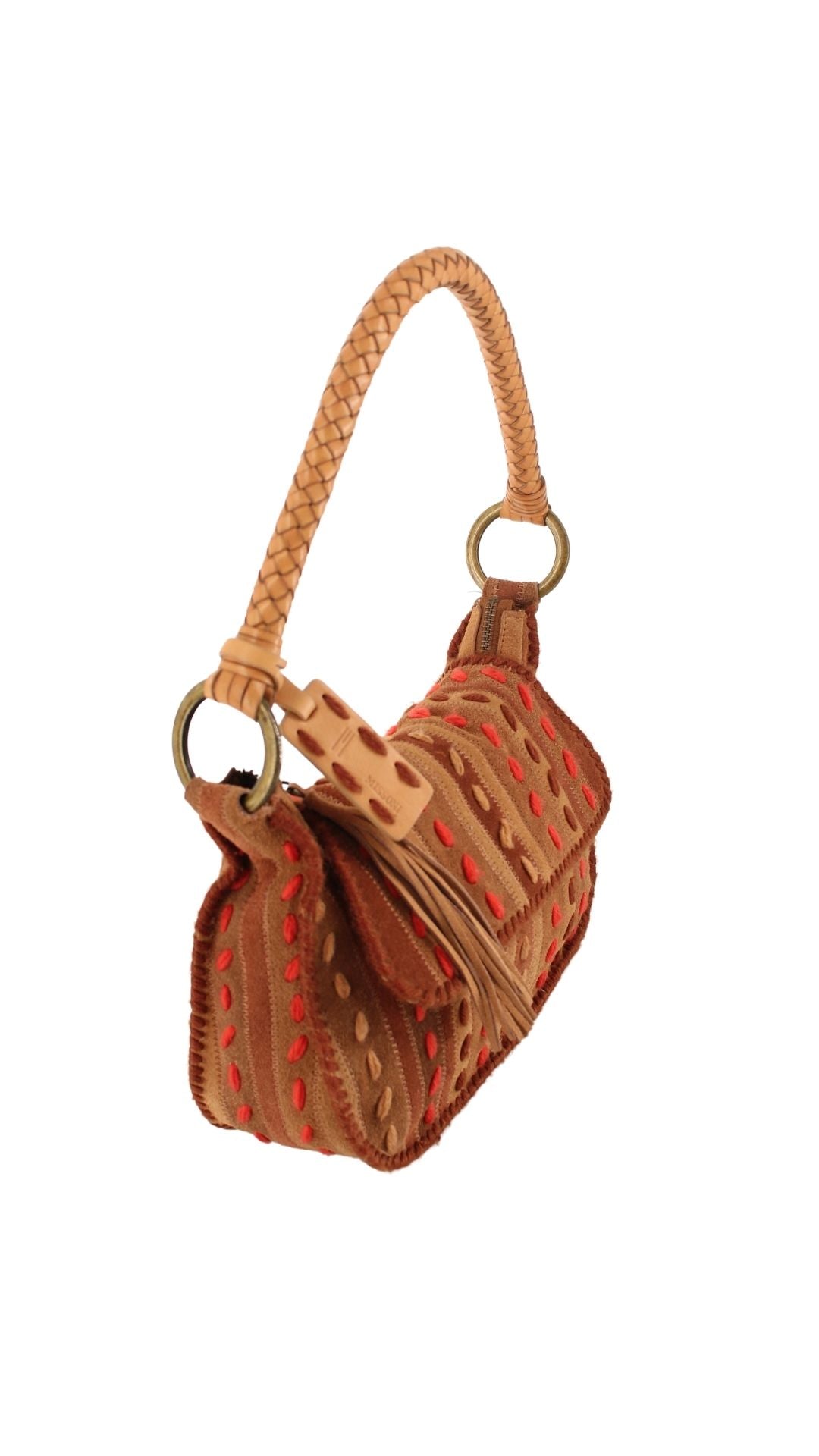 Missoni <br> 2000's embroidered suede bag with braided leather strap
