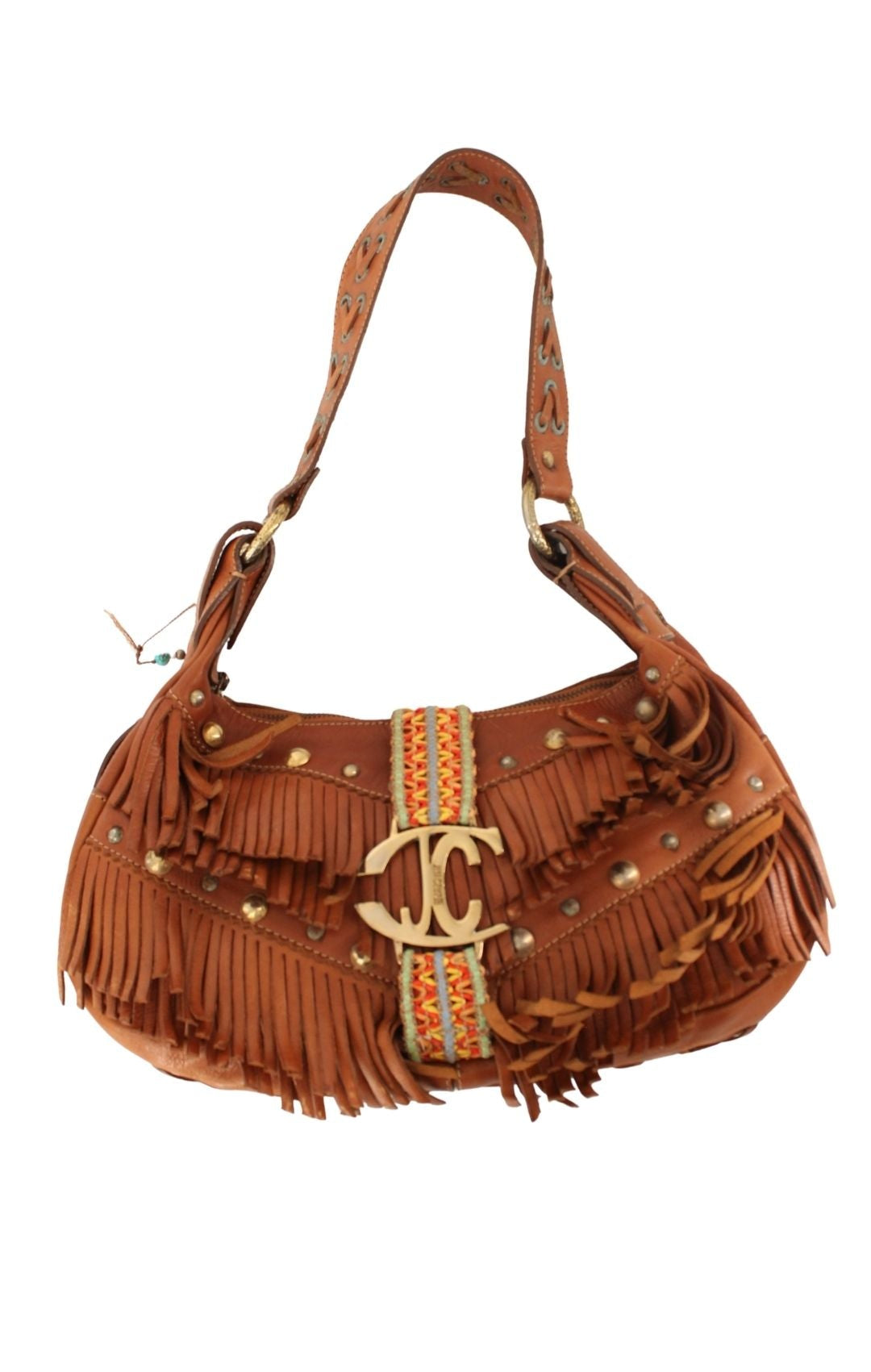 Just Cavalli <br> 2000's fringed leather logo buckle shoulder bag