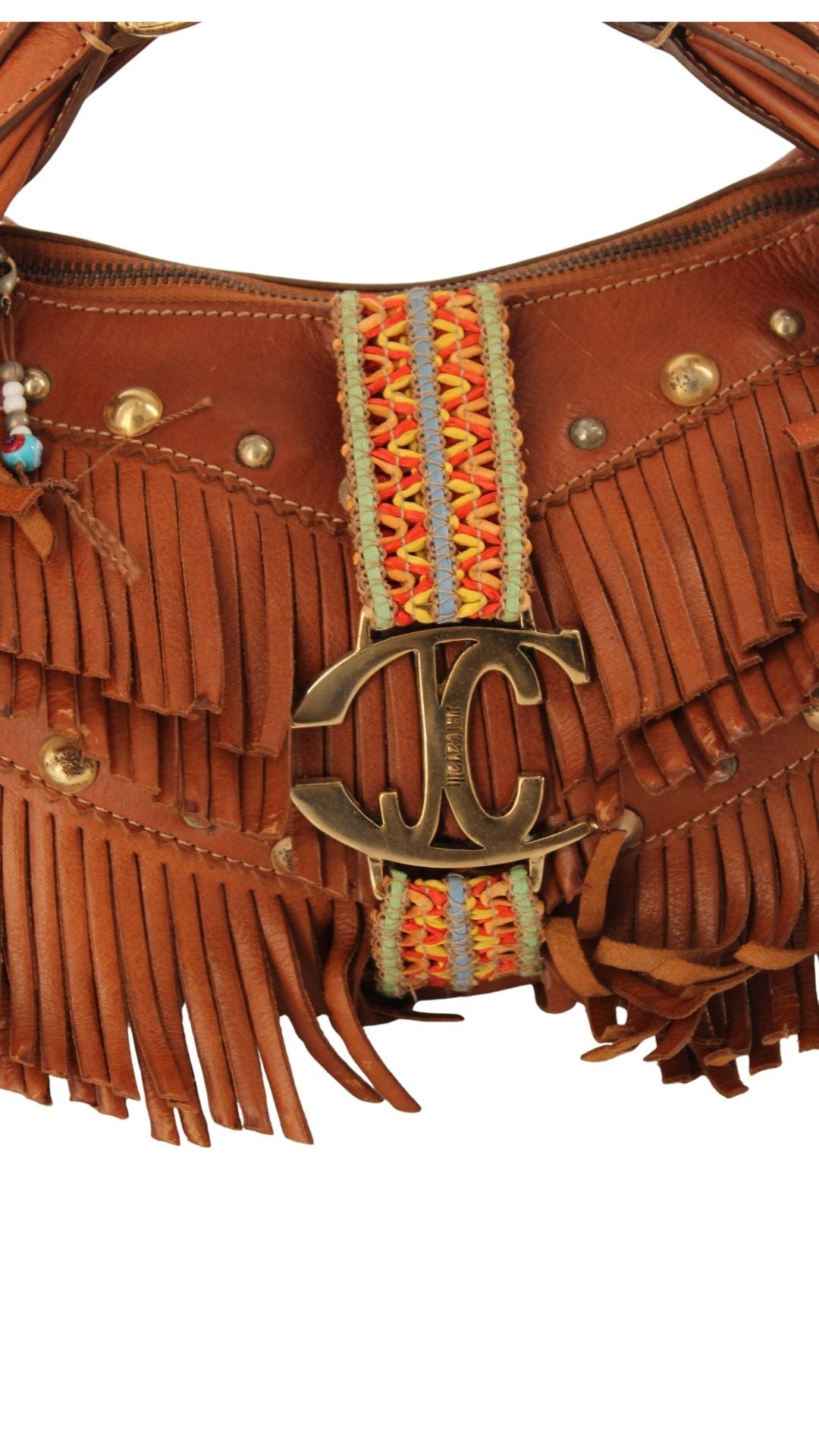 Just Cavalli <br> 2000's fringed leather logo buckle shoulder bag