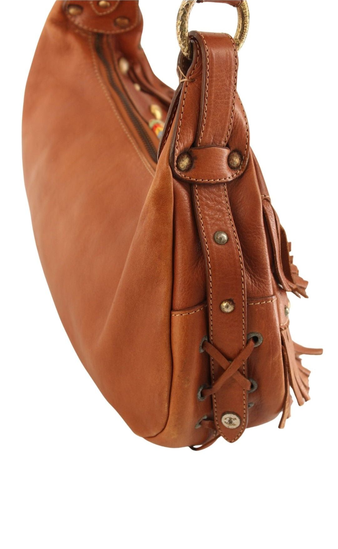 Just Cavalli <br> 2000's fringed leather logo buckle shoulder bag