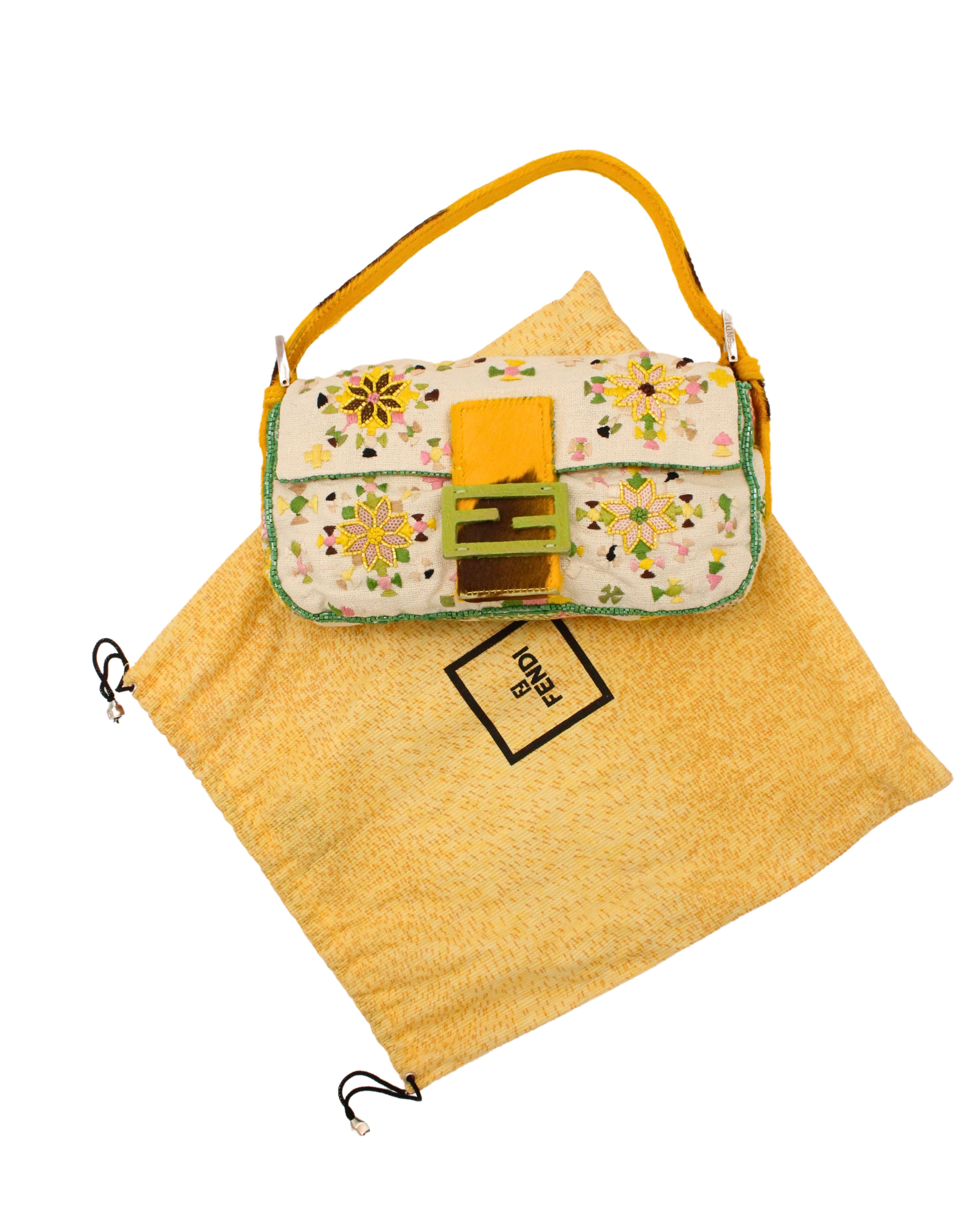 Fendi <br> 90's floral embroidered & beaded pony hair trim baguette bag
