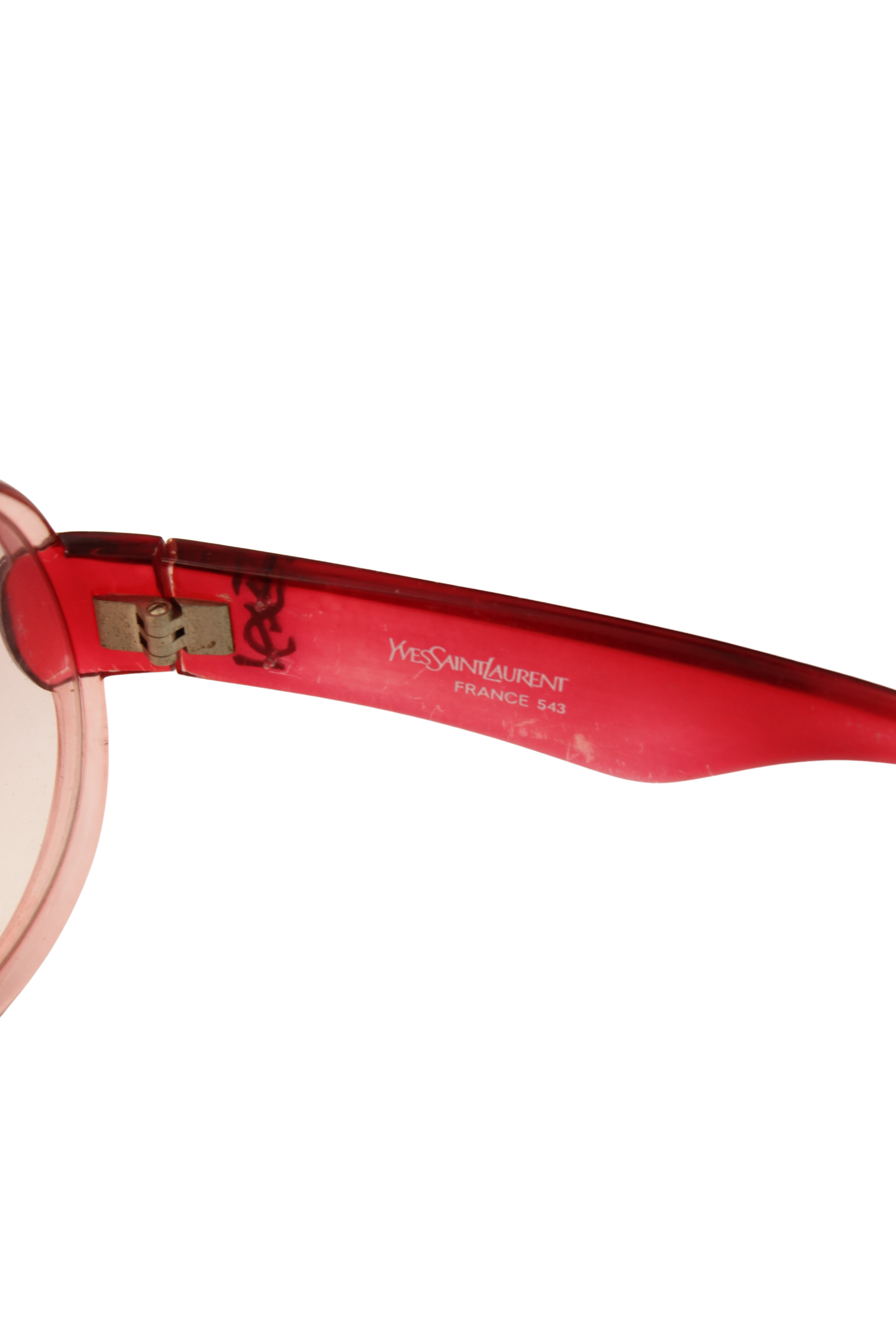 Yves Saint Laurent <br> S/S 1976 campaign oversized pink YSL logo arm sunglasses