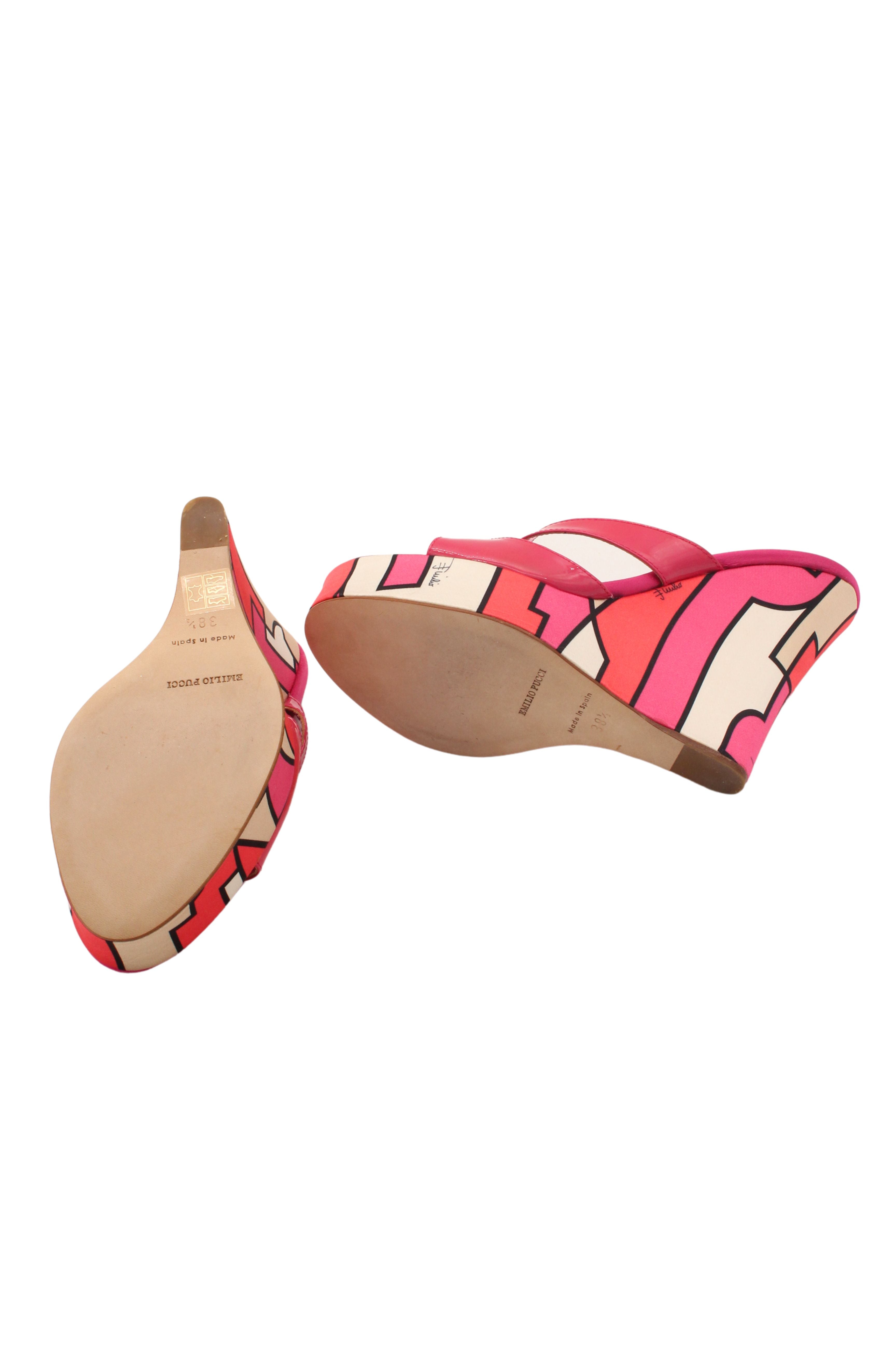 Emilio Pucci <br> 2000's printed satin & patent wedges with crystal details