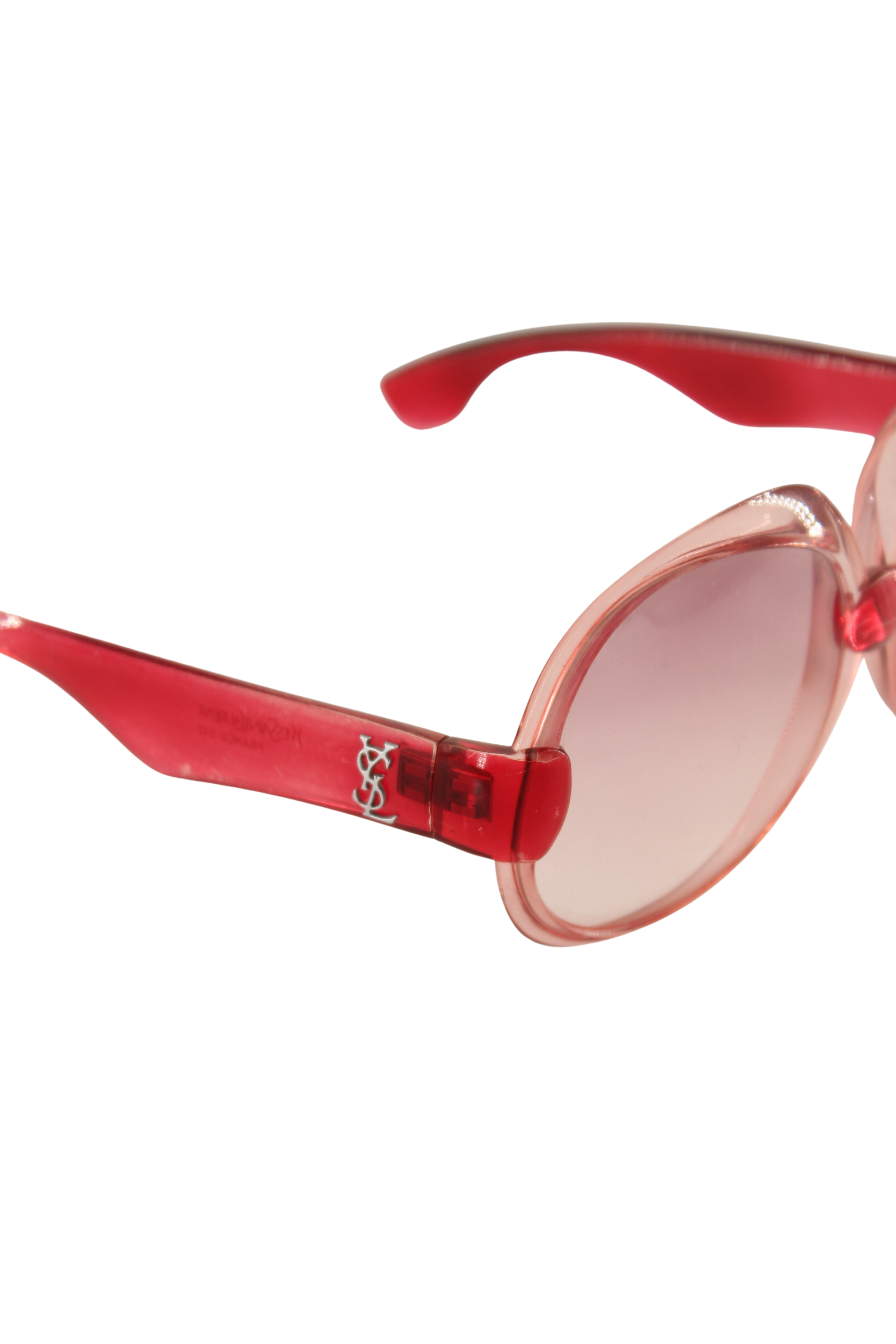 Yves Saint Laurent <br> S/S 1976 campaign oversized pink YSL logo arm sunglasses