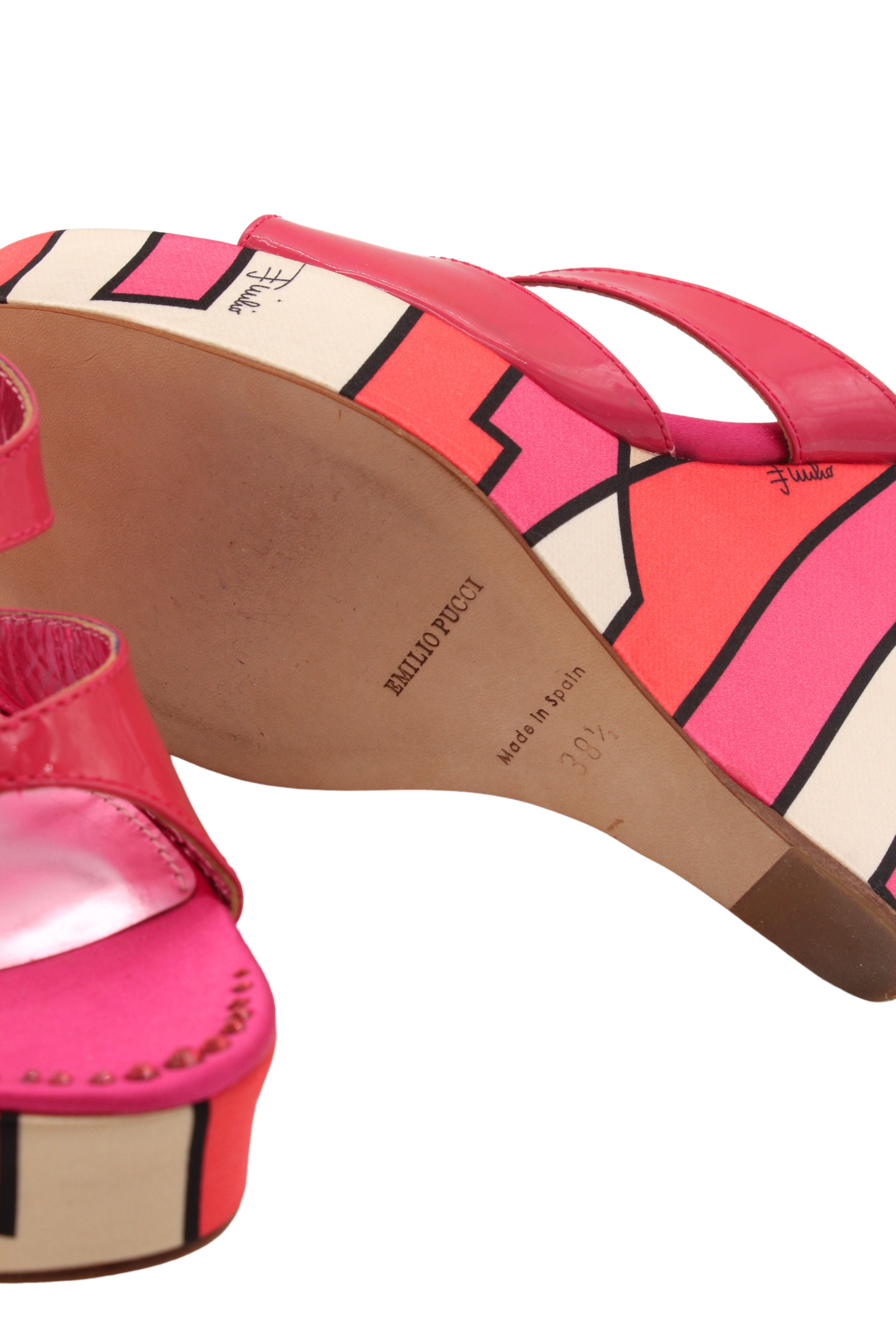 Emilio Pucci <br> 2000's printed satin & patent wedges with crystal details