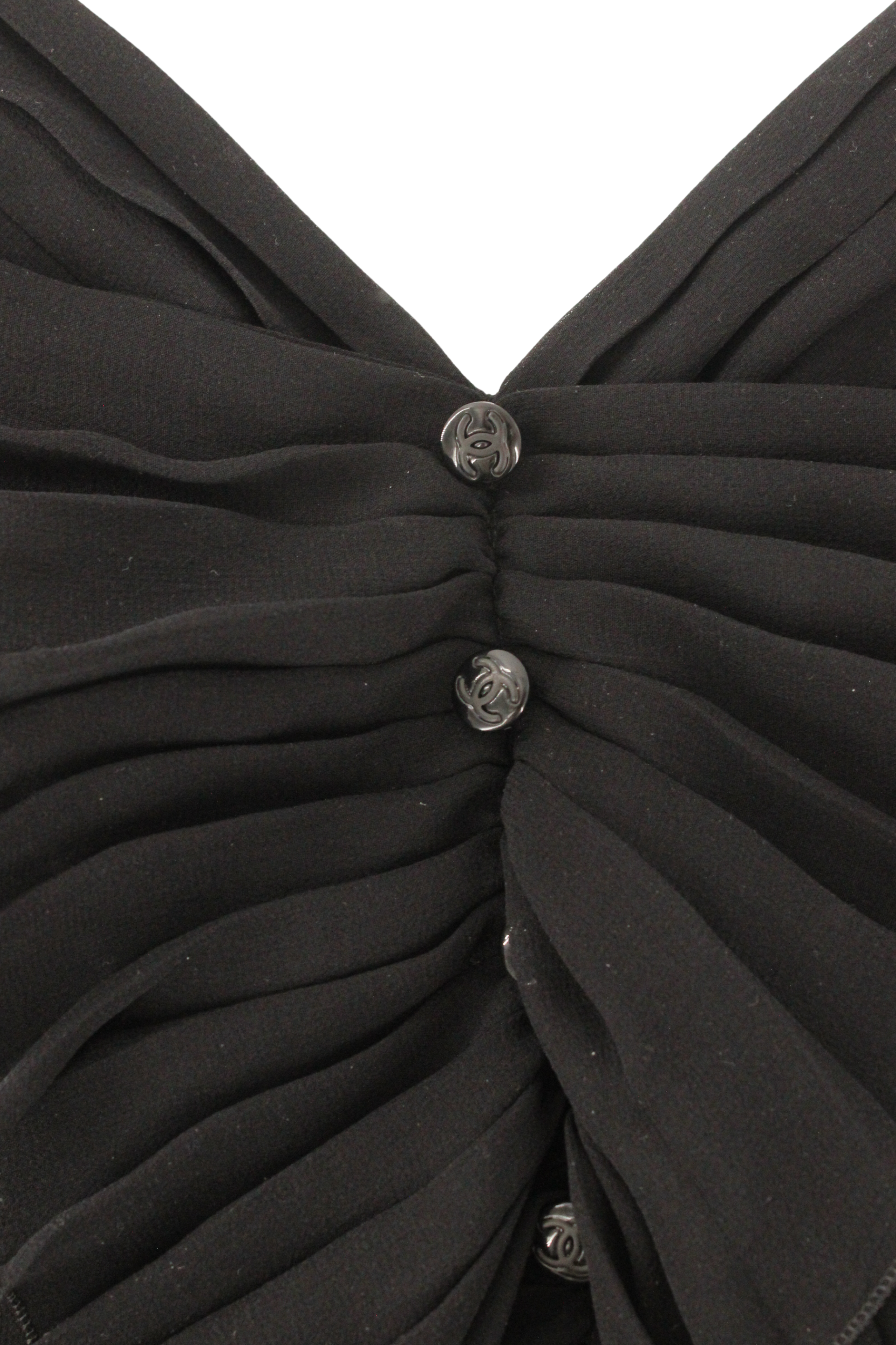Chanel <br> F/W 2003 pleated silk chiffon halter top with logo buttons