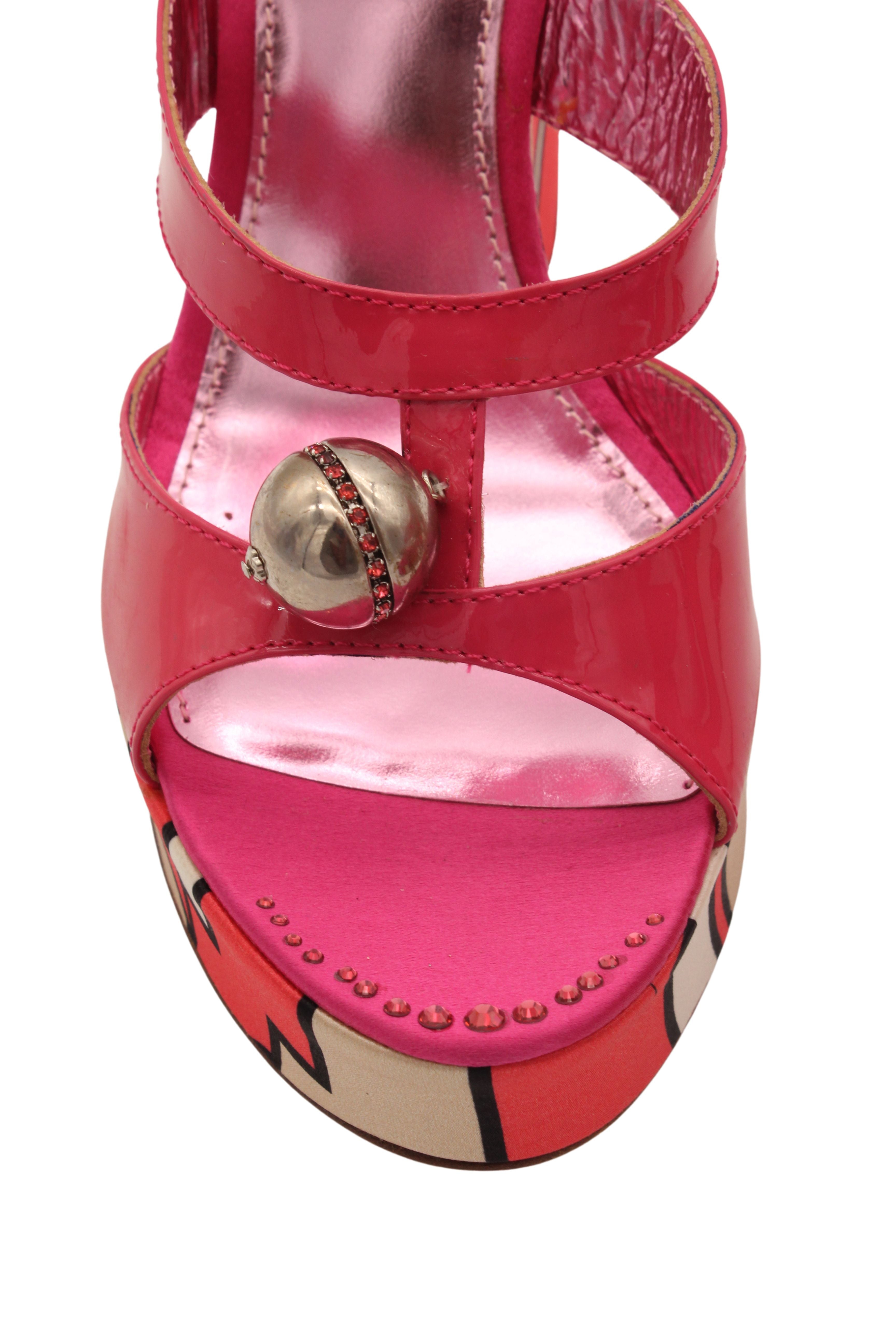 Emilio Pucci <br> 2000's printed satin & patent wedges with crystal details