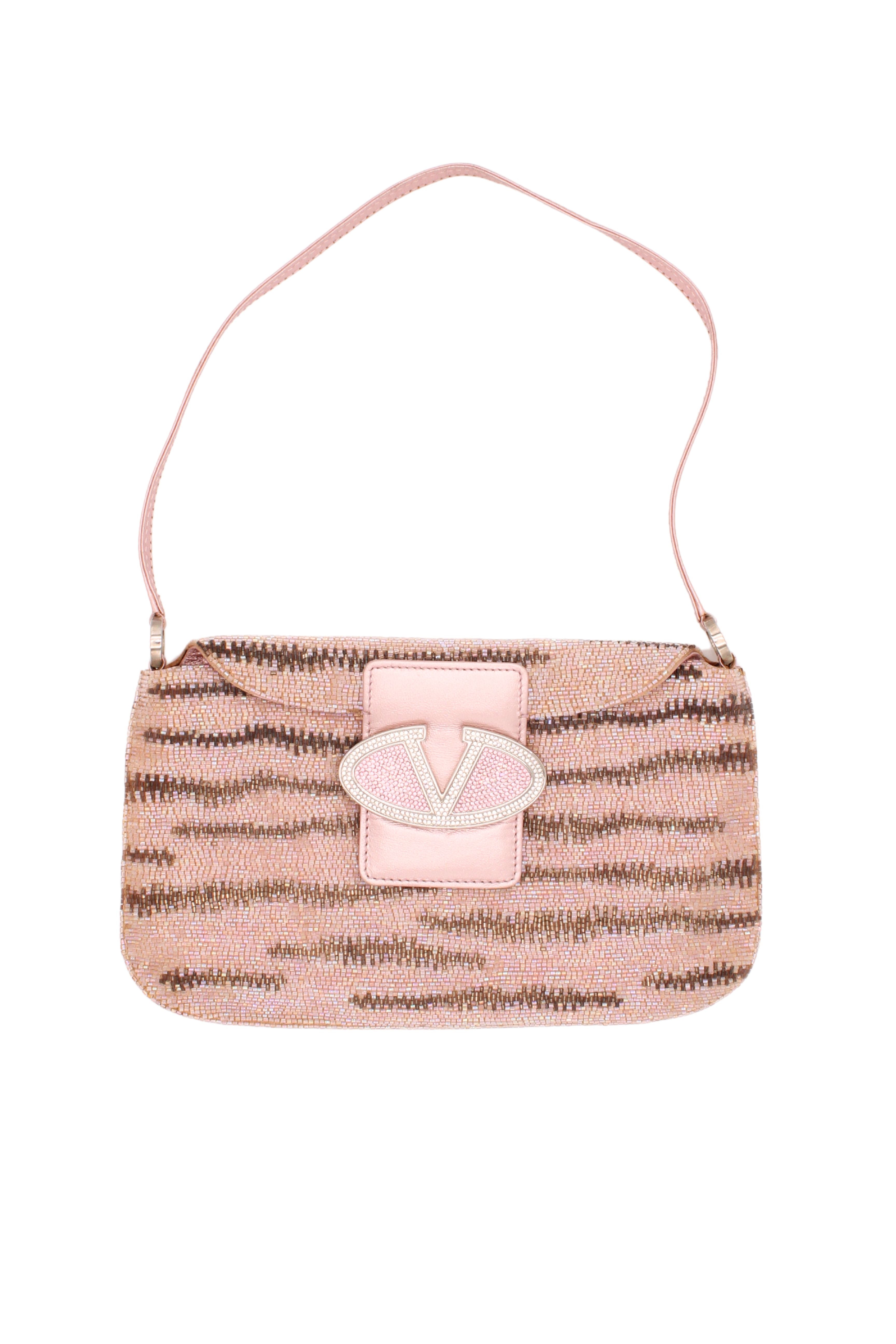 Valentino <br> Y2K crystal logo beaded metallic leather baguette bag