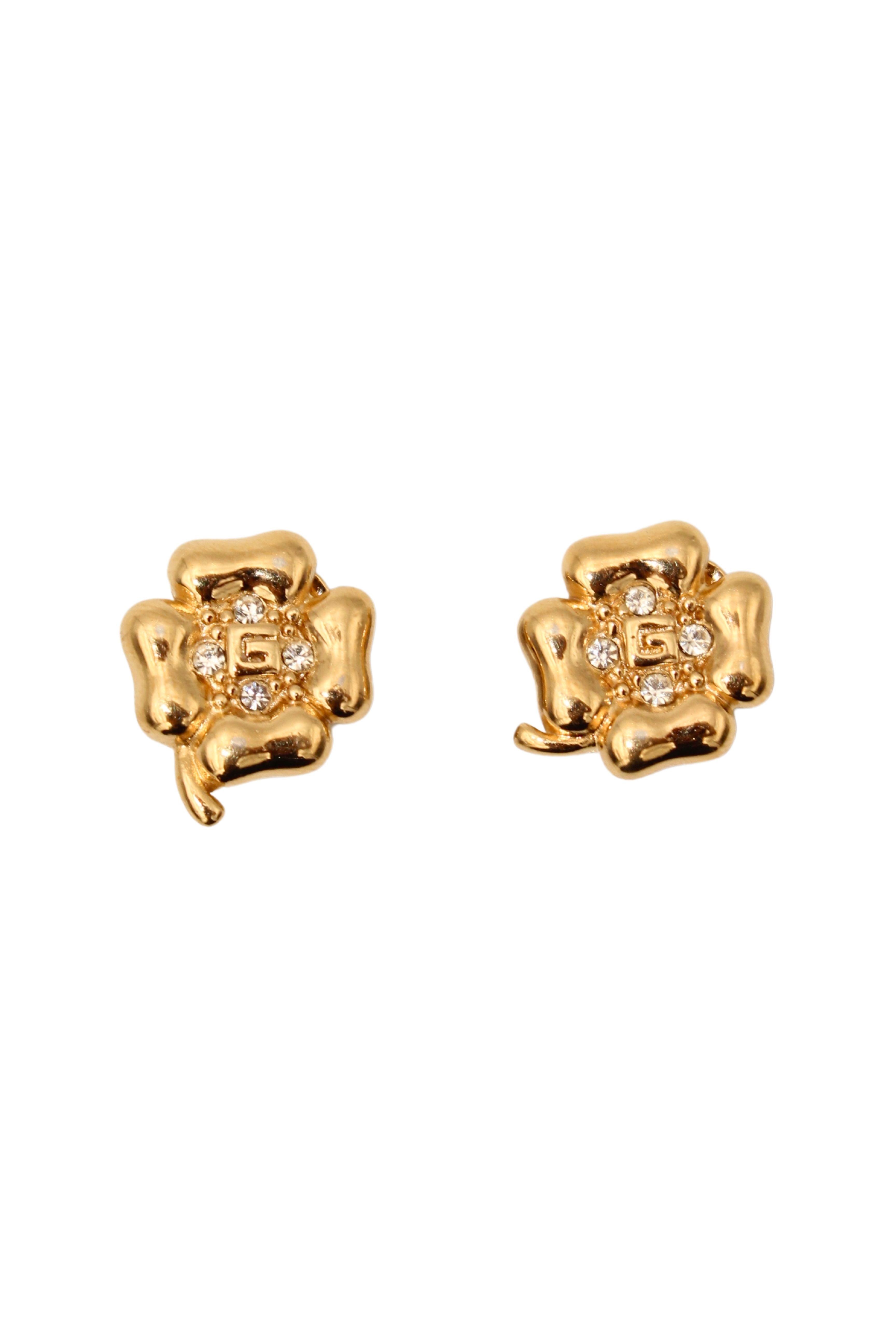 Givenchy <br> 80's four leaf clover crystal logo earrings