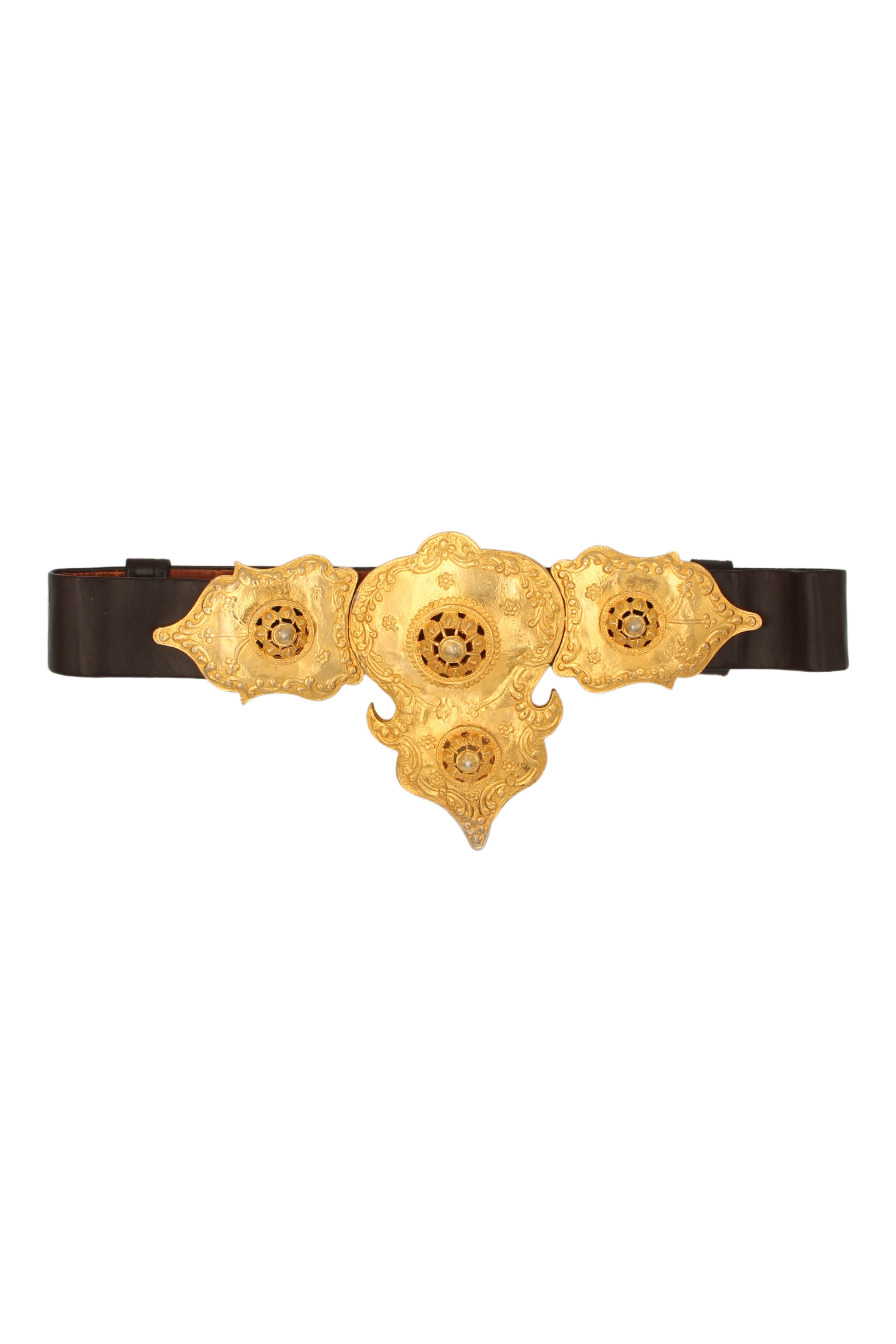 Alexis Kirk <br> 70's massive Etruscan gold plated buckle leather belt