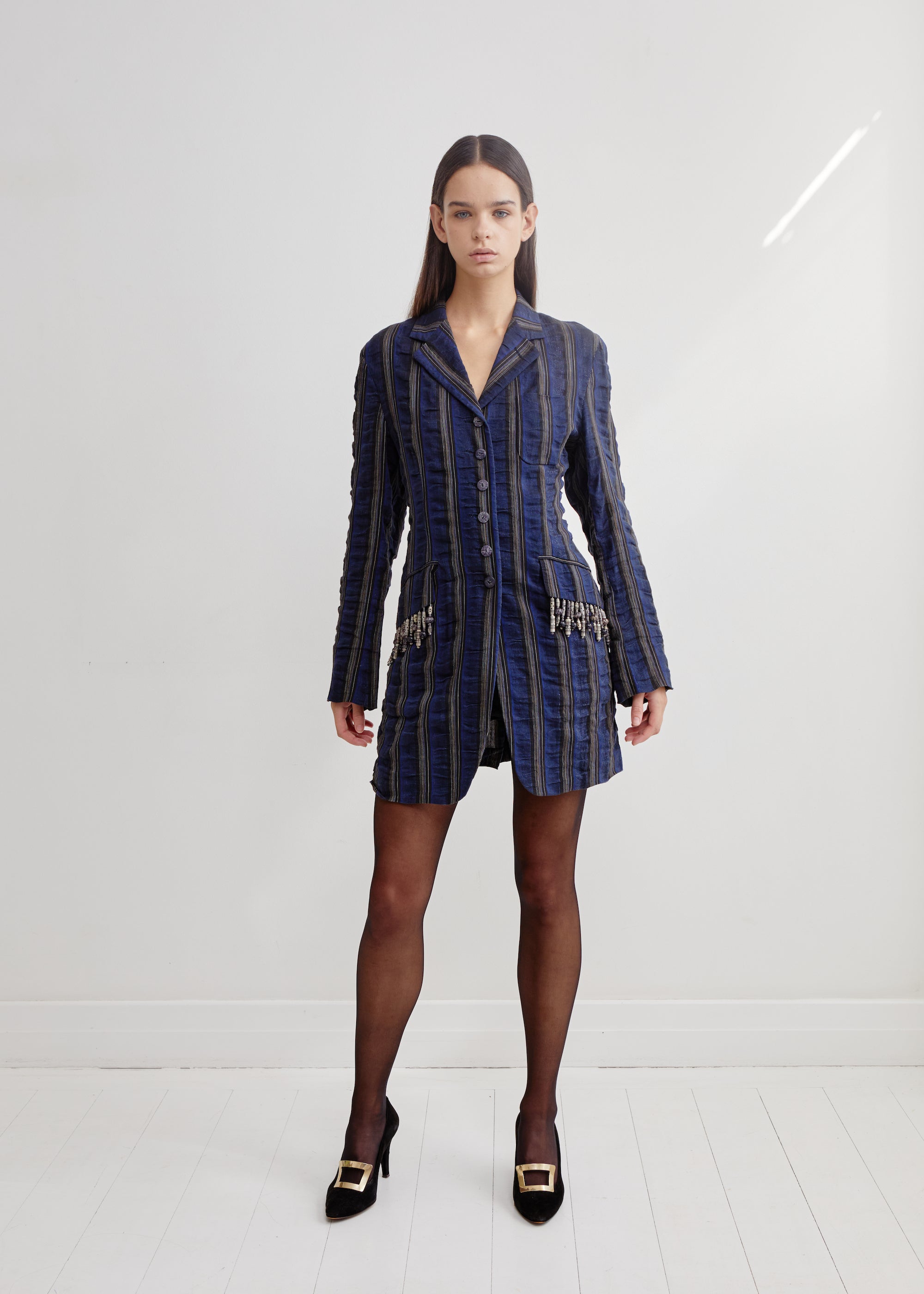Romeo Gigli <br> S/S 1994 runway striped beaded long line jacket