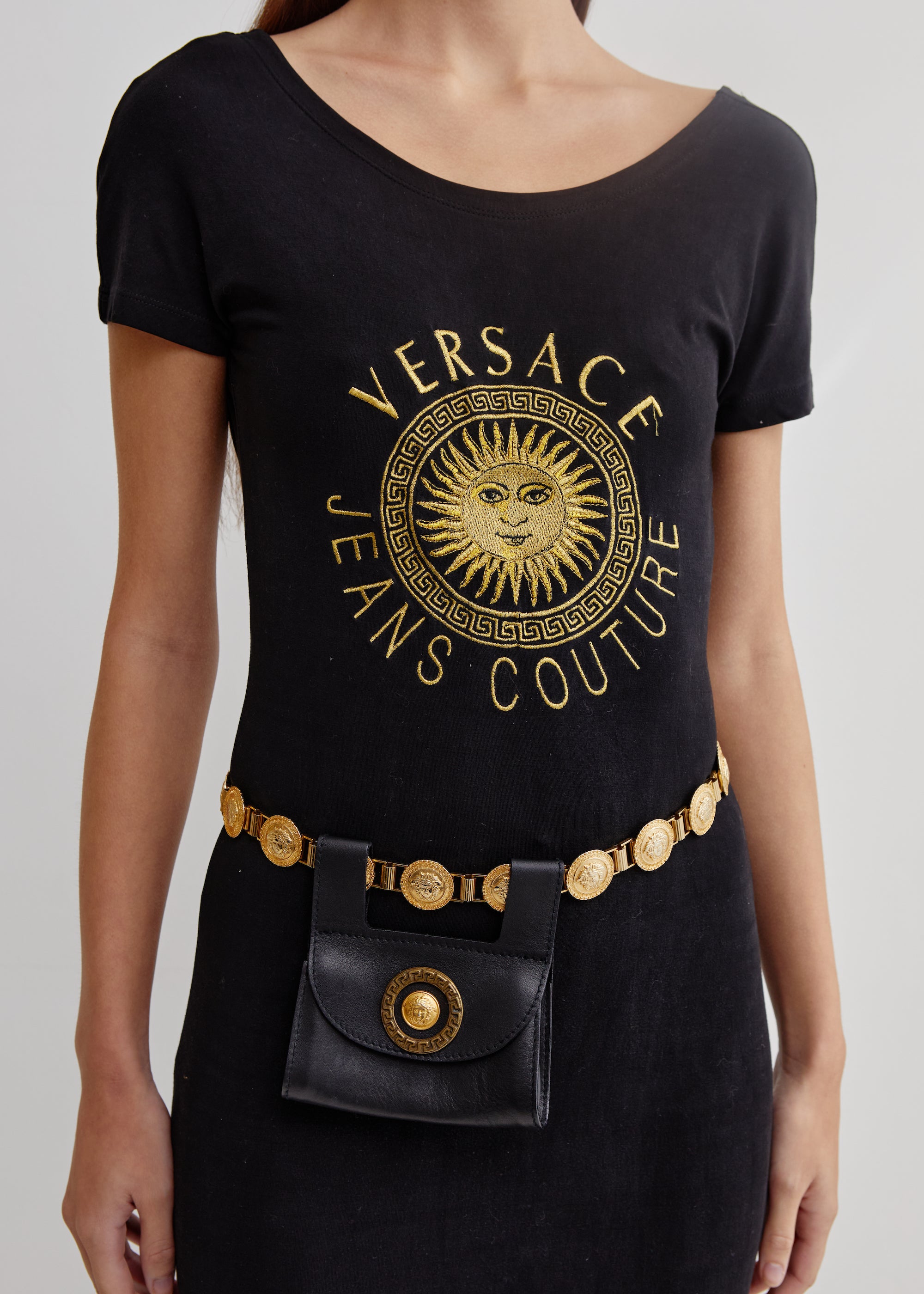 Versace <br> 90's Jeans Couture embroidered logo scoop back dress
