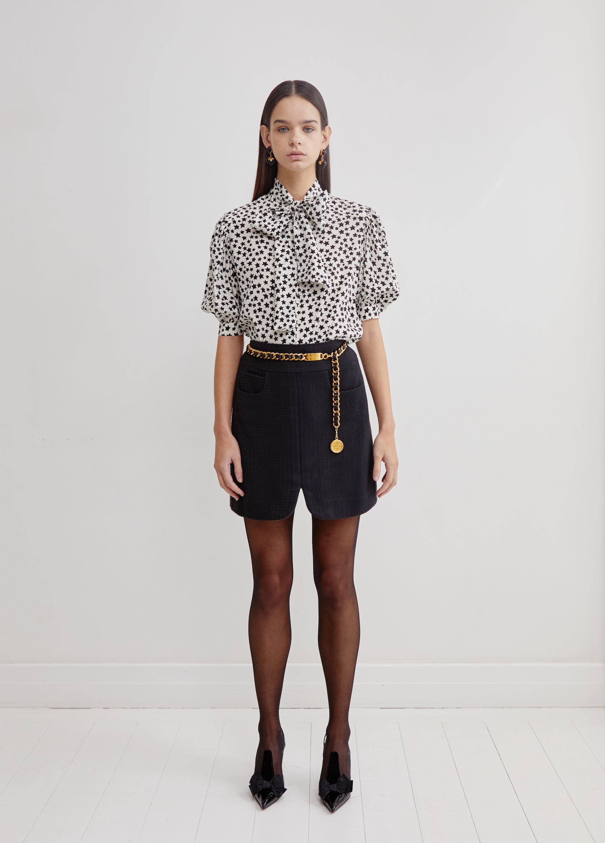 Yves Saint Laurent <br> 70's silk star print lavalliere puffed sleeve shirt