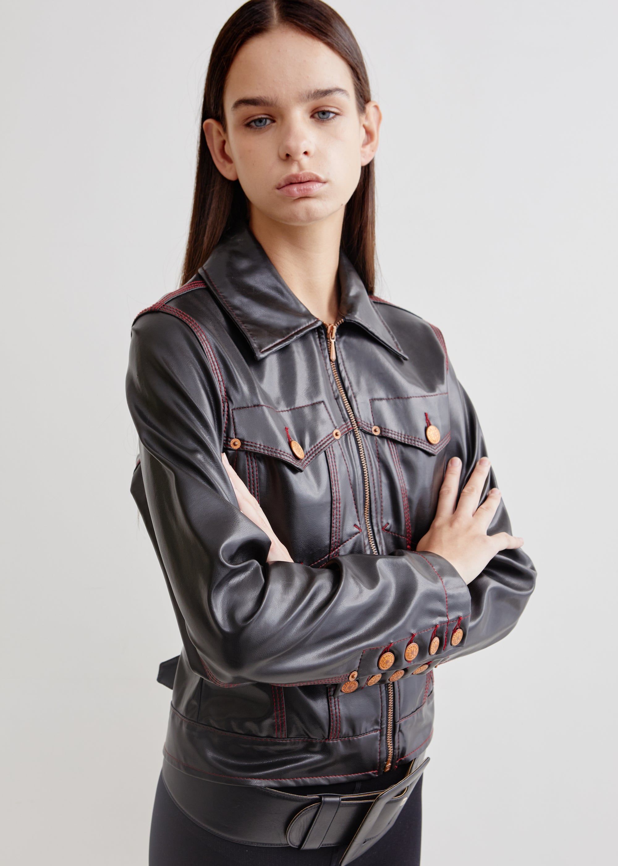 Jean Paul Gaultier <br> 90's PVC vegan leather overstitched jacket with brass logo buttons