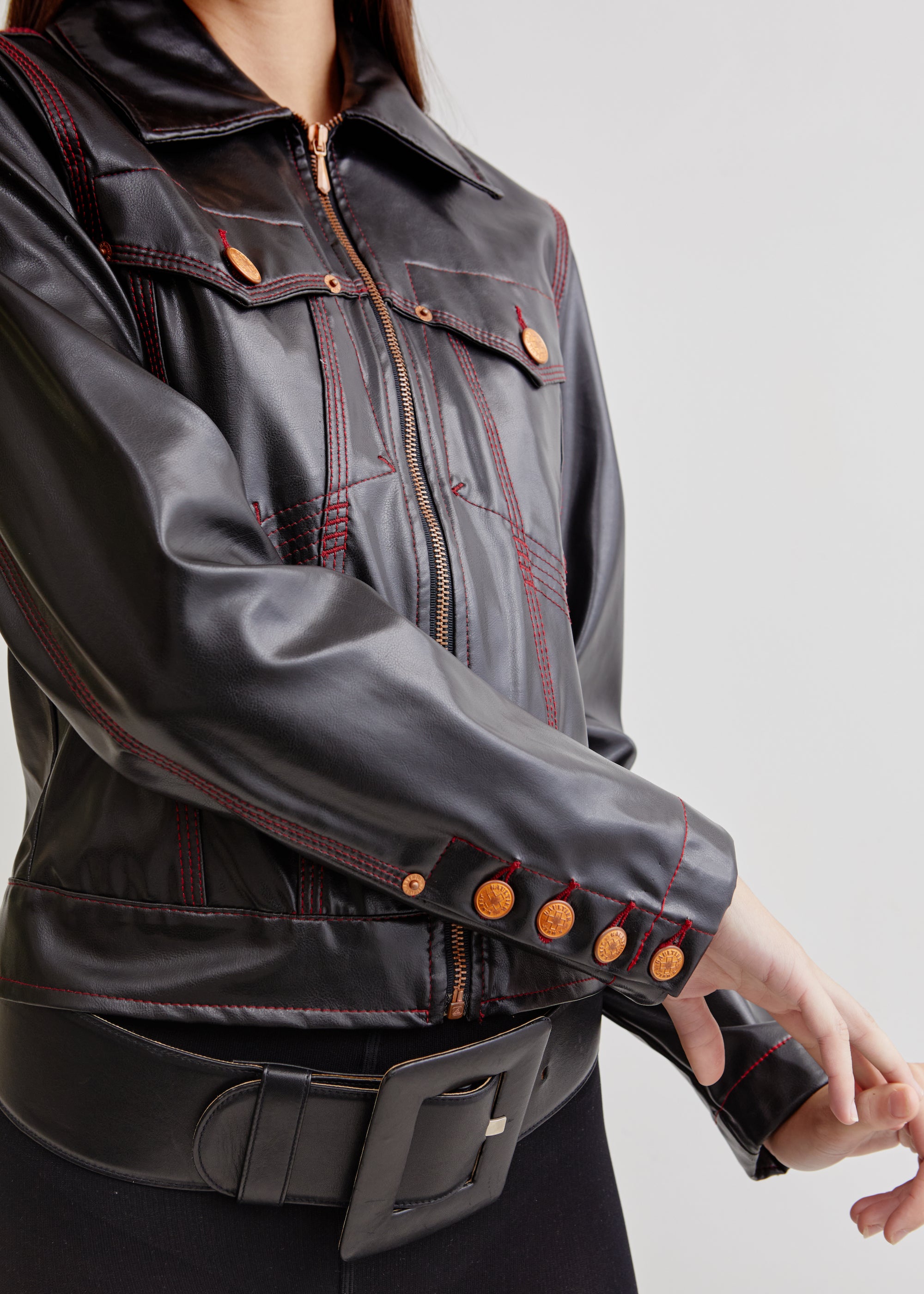 Jean Paul Gaultier <br> 90's PVC vegan leather overstitched jacket with brass logo buttons