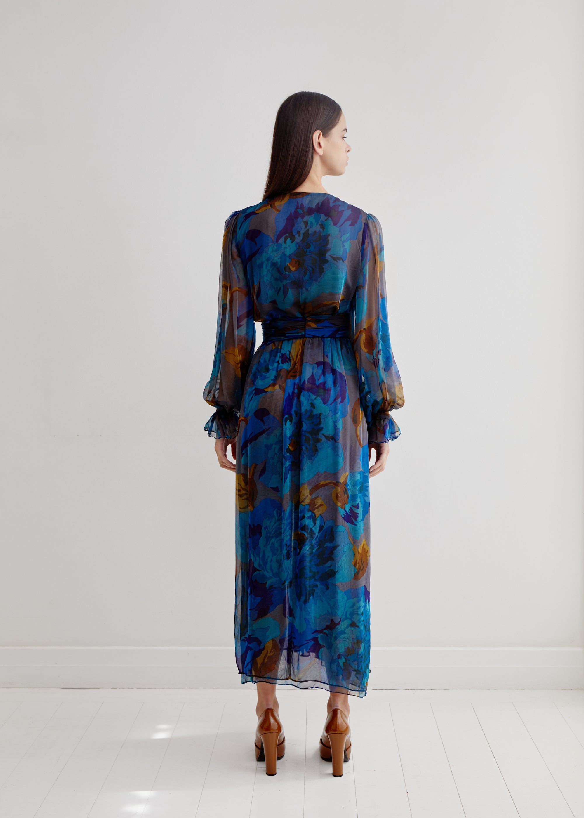 Givenchy <br> S/S 1978 Haute Couture silk chiffon floral print gown with plunging neckline