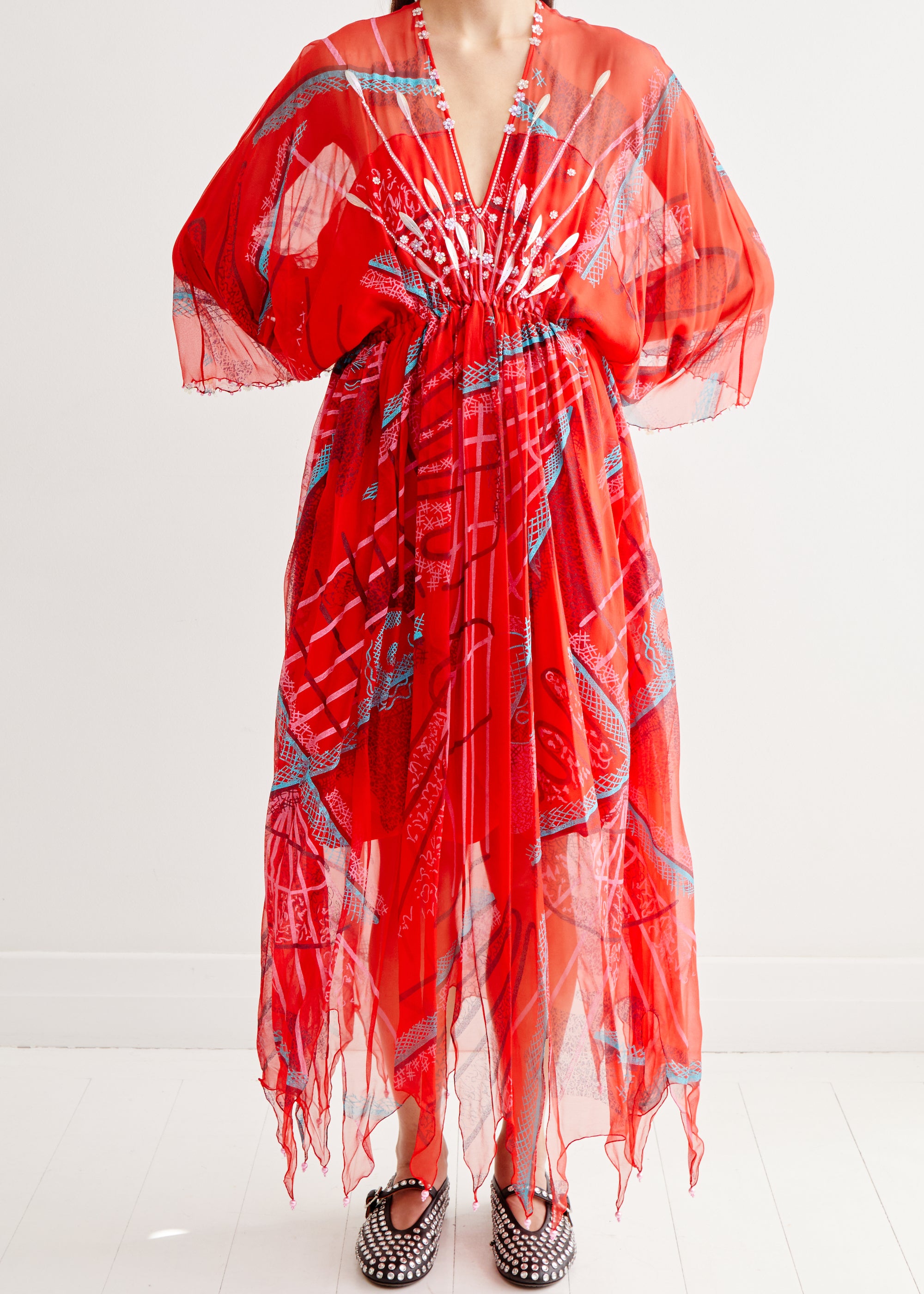 Zandra Rhodes <br> c1976 hand printed silk chiffon pleated gown with beading & pearls