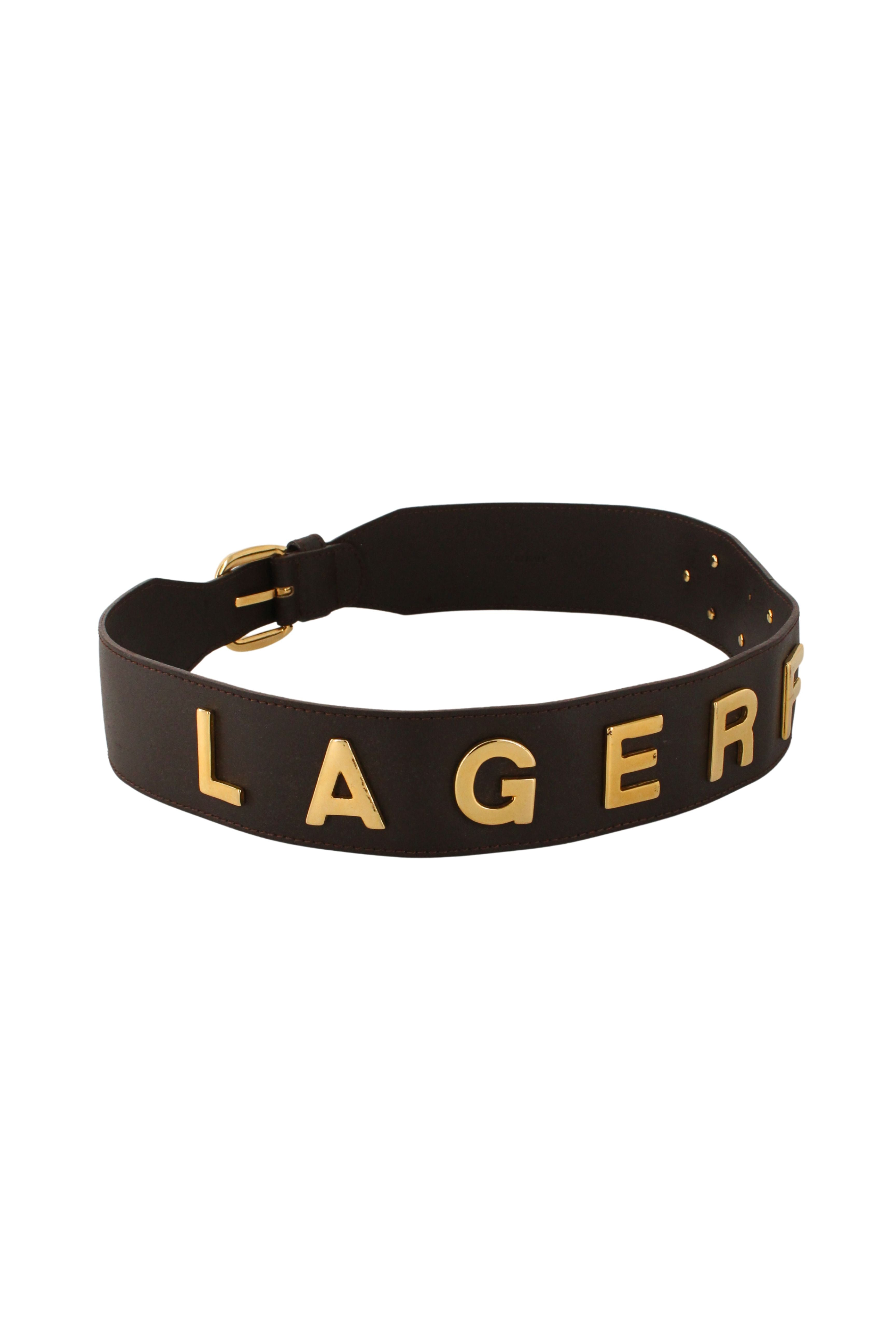 Karl Lagerfeld <br> 80's coated leather gold metal lettering logo belt