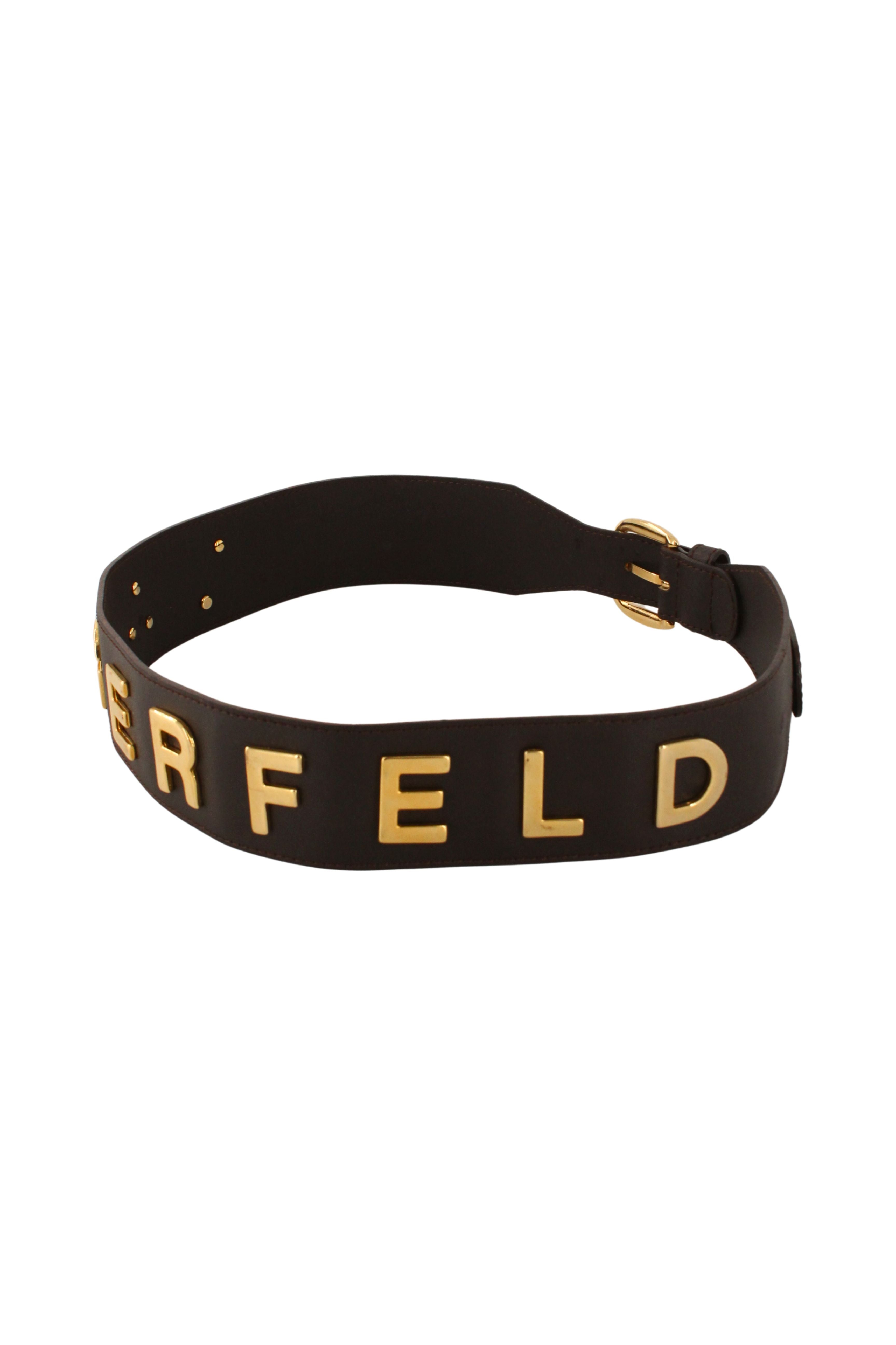 Karl Lagerfeld <br> 80's coated leather gold metal lettering logo belt