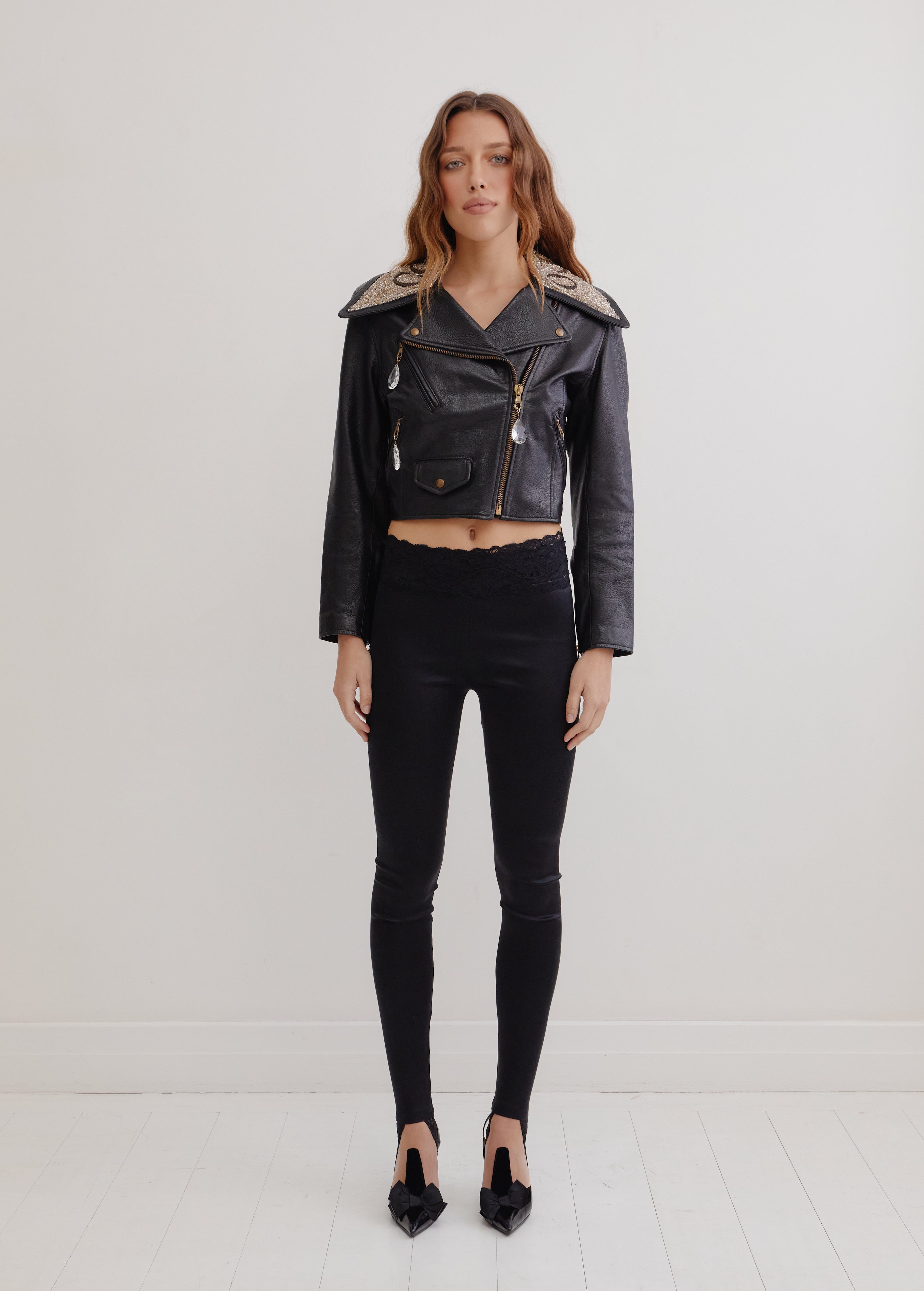 Moschino <br> 90's leather biker jacket with crystal embellished collar