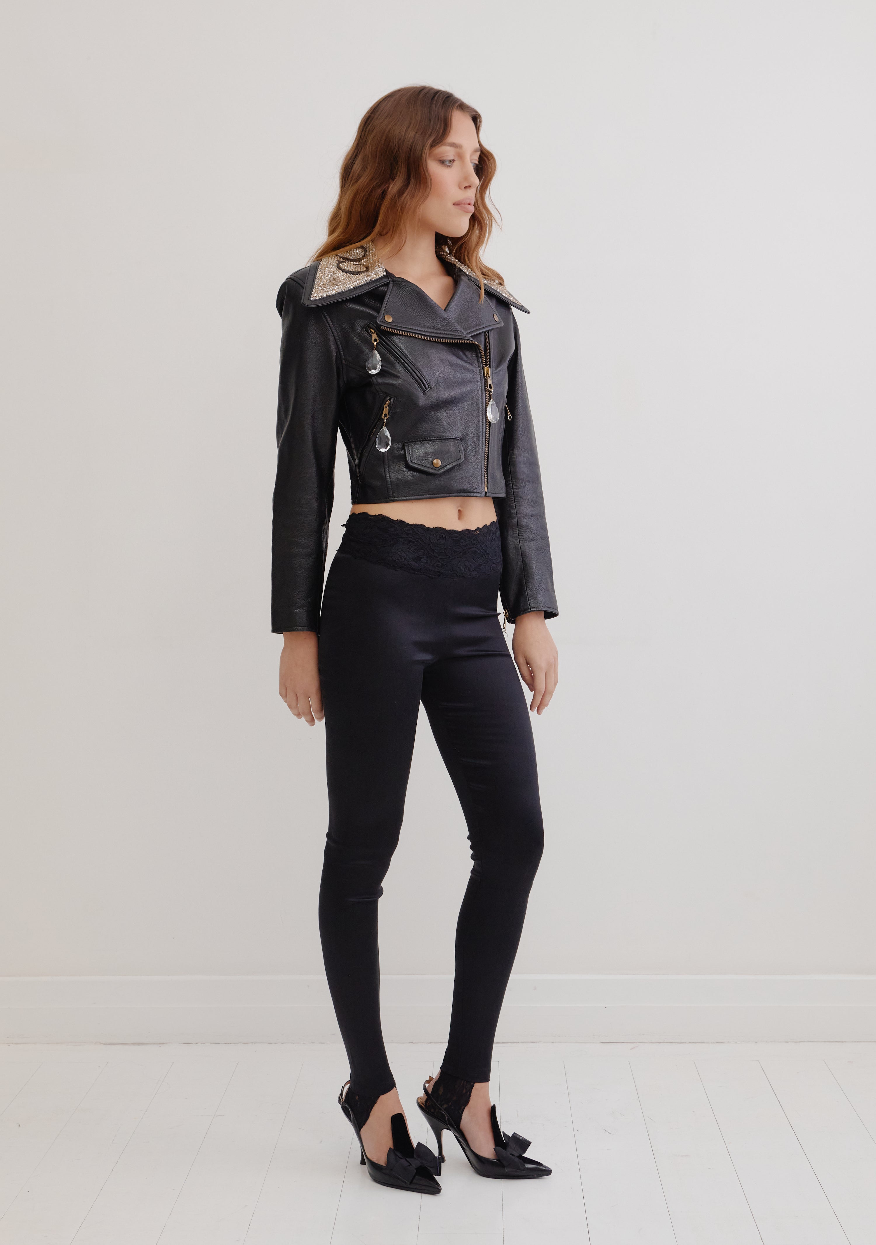 Moschino <br> 90's leather biker jacket with crystal embellished collar