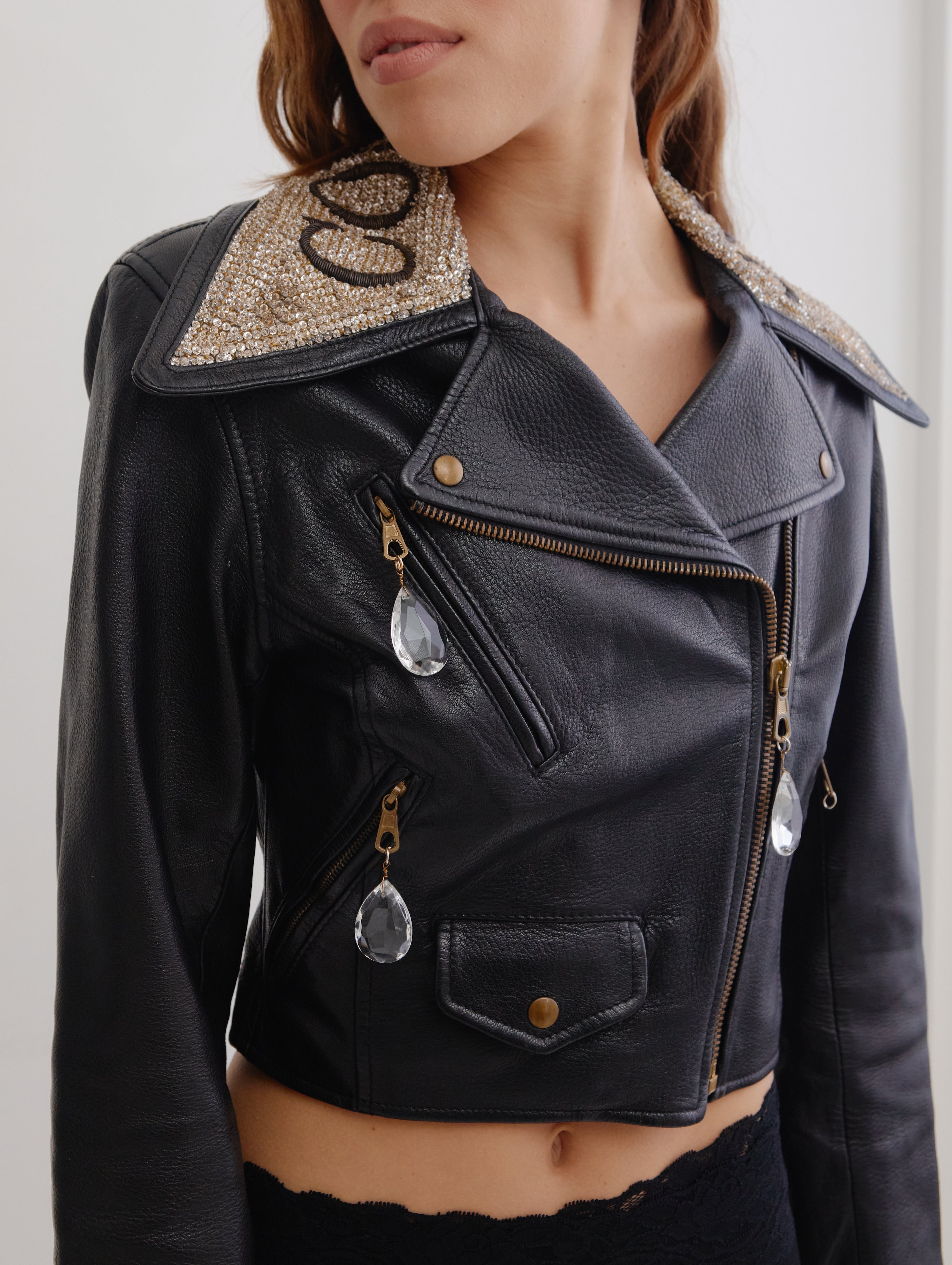 Moschino <br> 90's leather biker jacket with crystal embellished collar