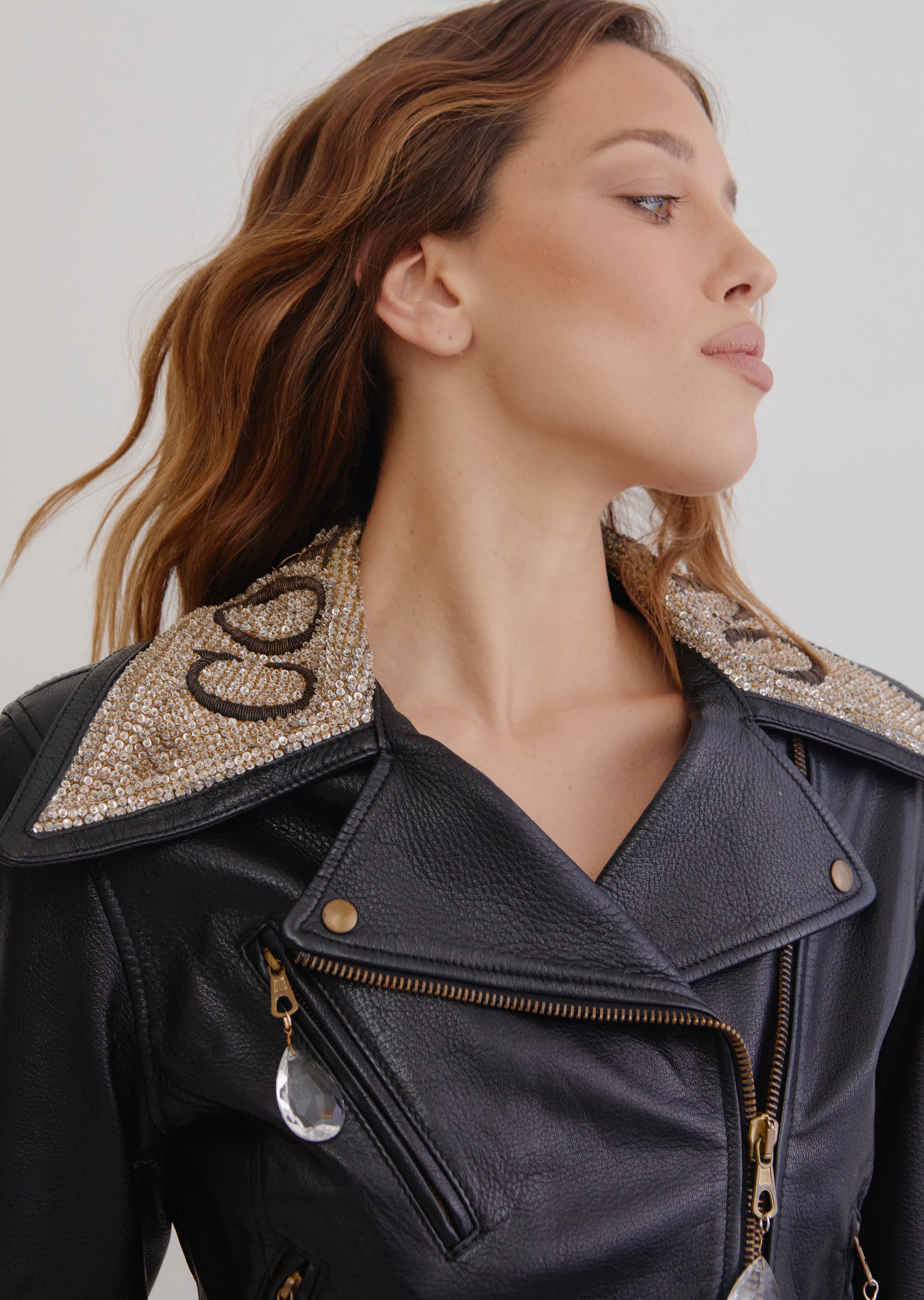 Moschino <br> 90's leather biker jacket with crystal embellished collar