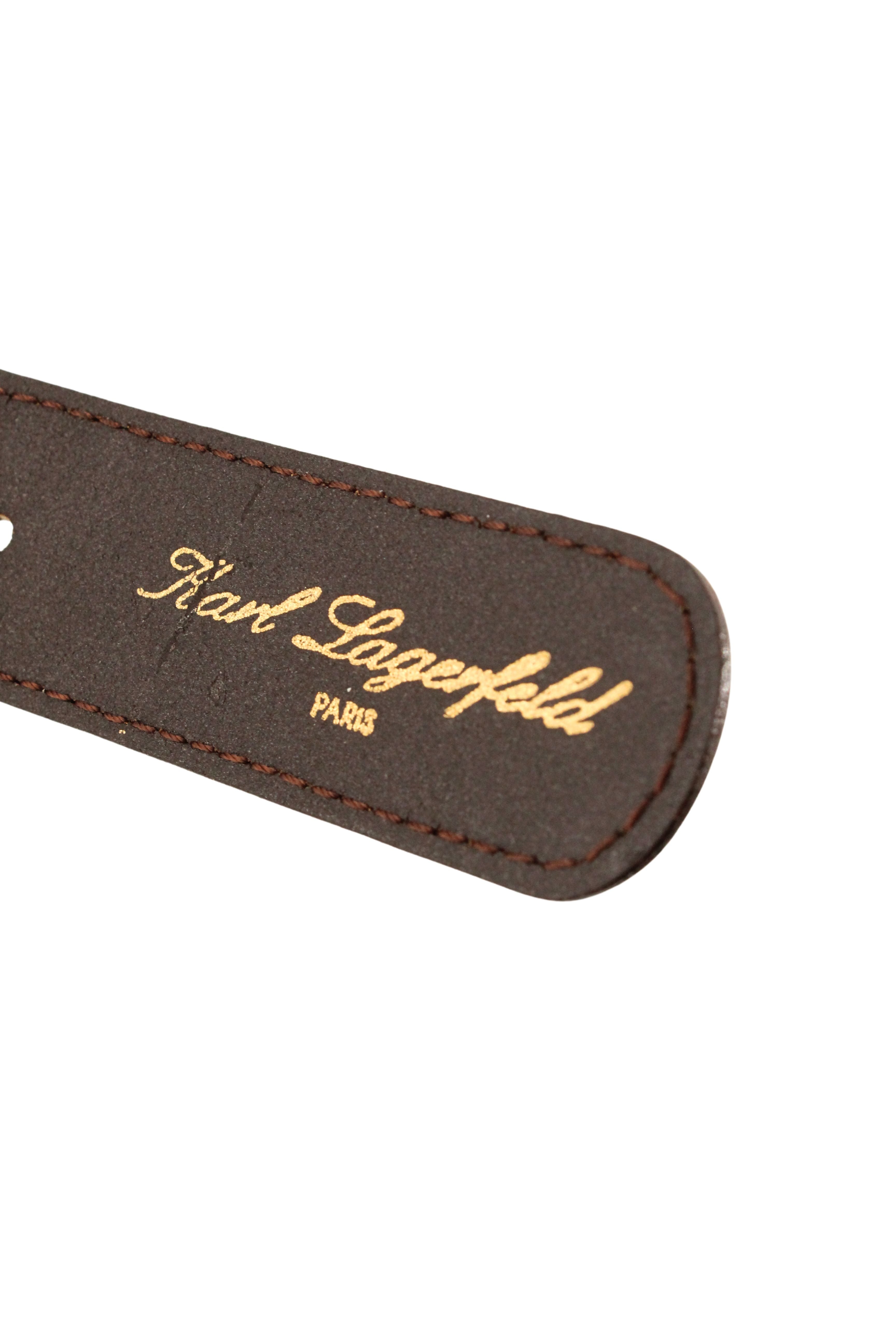 Karl Lagerfeld <br> 80's coated leather gold metal lettering logo belt
