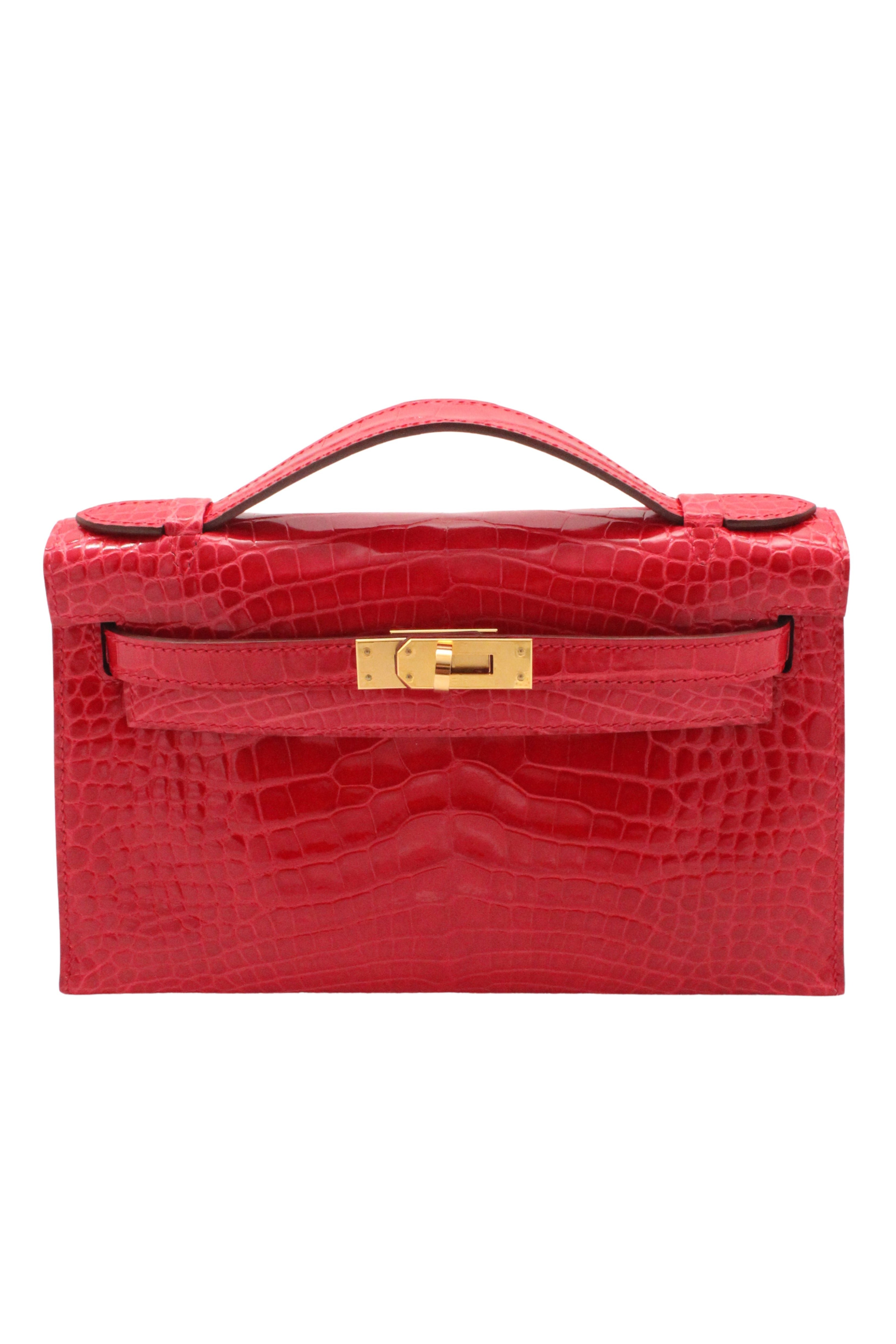 Hermès Paris <br> 2017 Kelly Pochette in Braise Alligator with gold hardware & full set