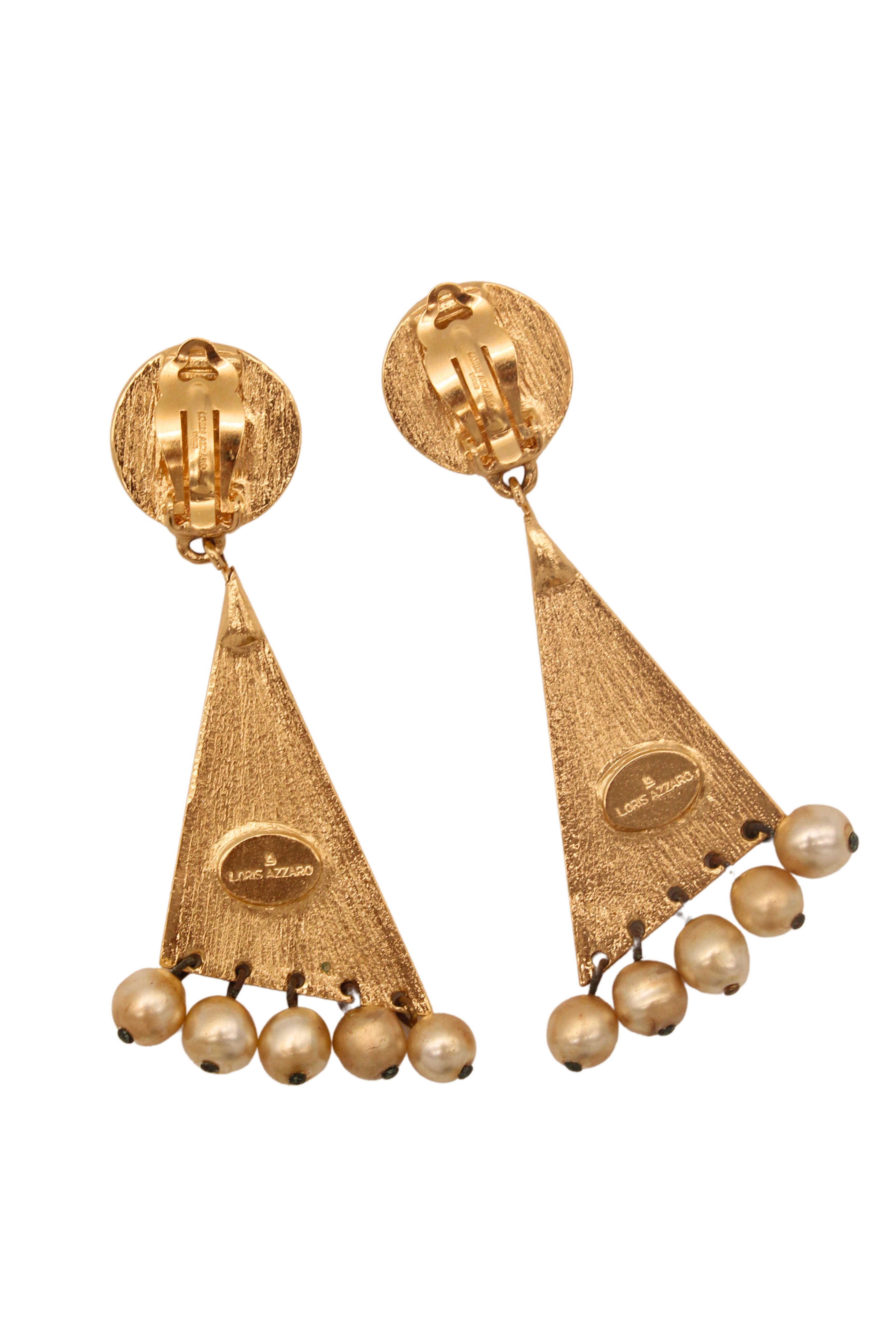 Loris Azzaro <br> 80's shoulder duster gold & pearl earrings