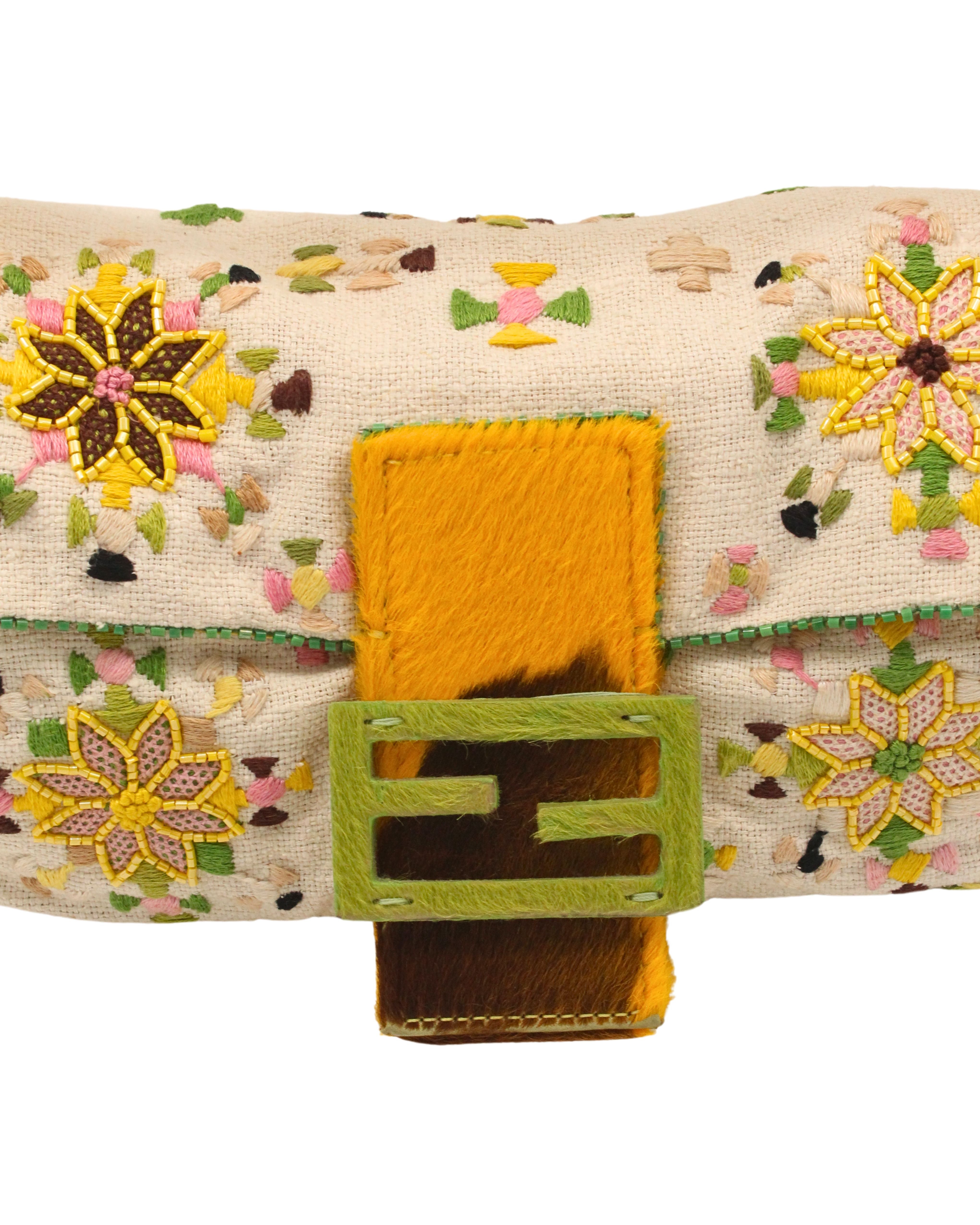 Fendi <br> 90's floral embroidered & beaded pony hair trim baguette bag